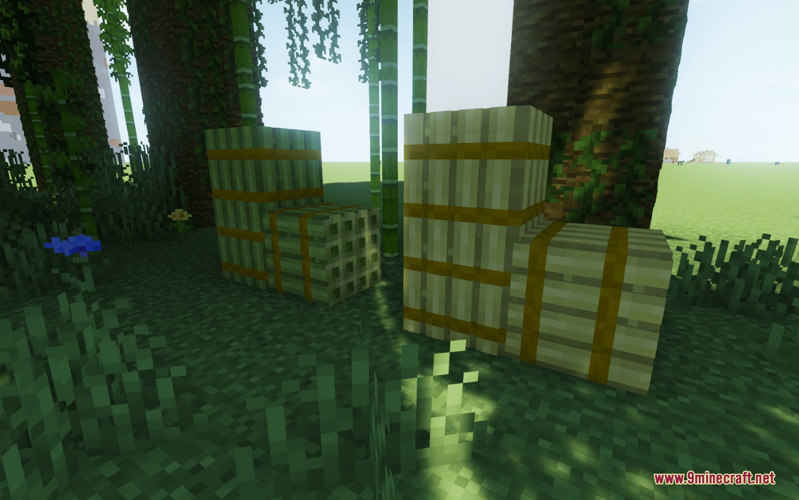 Improved Logs Resource Pack Screenshot 7 3D bamboo blocks looking like bundles of stalks in a Minecraft jungle