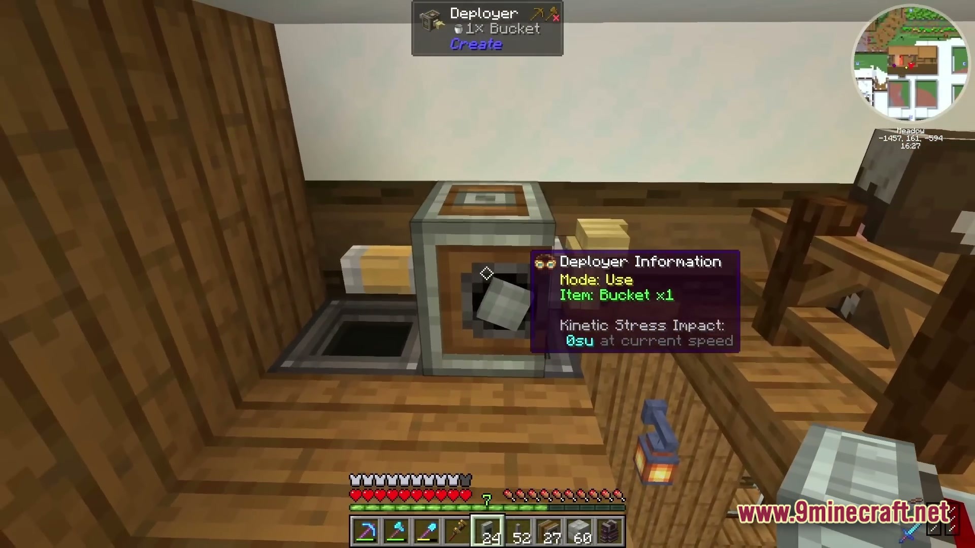 Industrial Banquet Crucible Modpack Screenshot 3 A Deployer from the Create mod holding a bucket inside a wooden structure