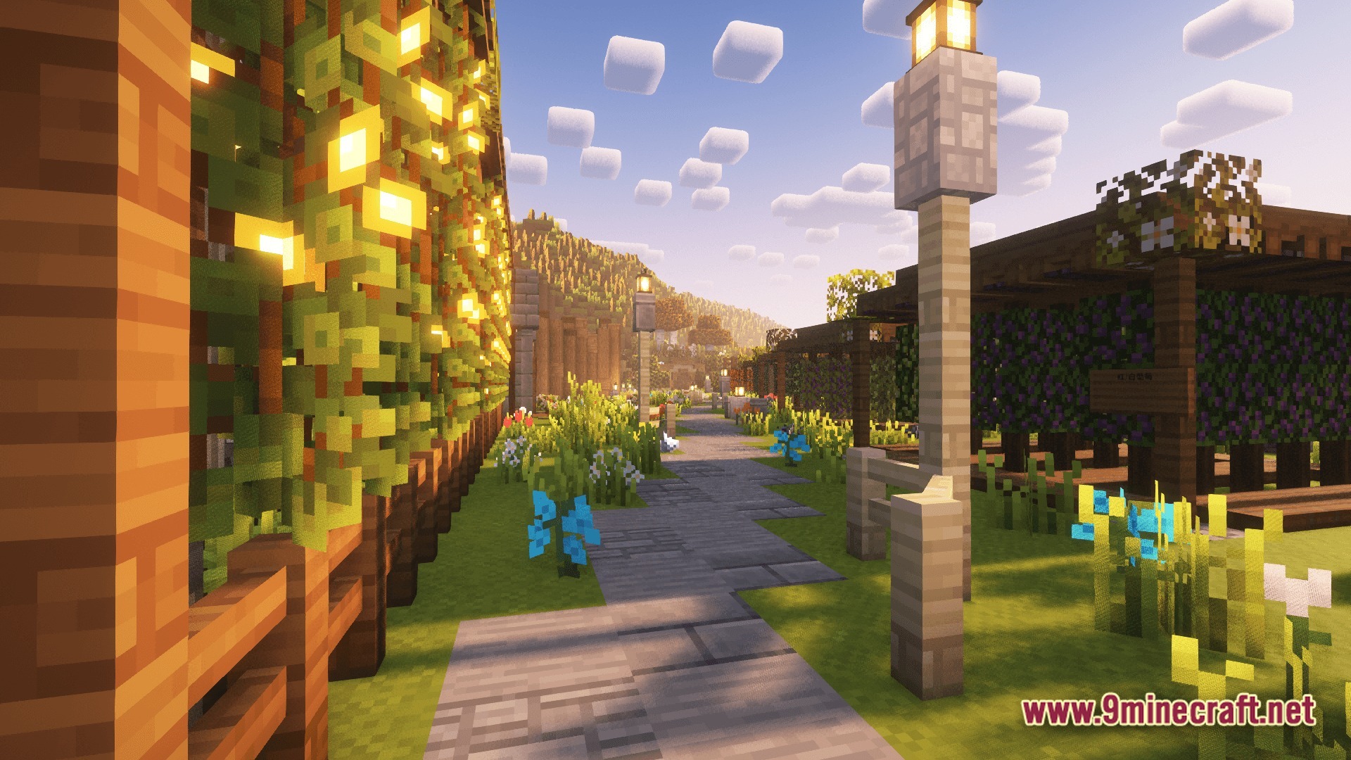 Industrial Banquet Crucible Modpack Screenshot 8 A stone path winds through a garden featuring glowing vine trellises and wooden lamp posts