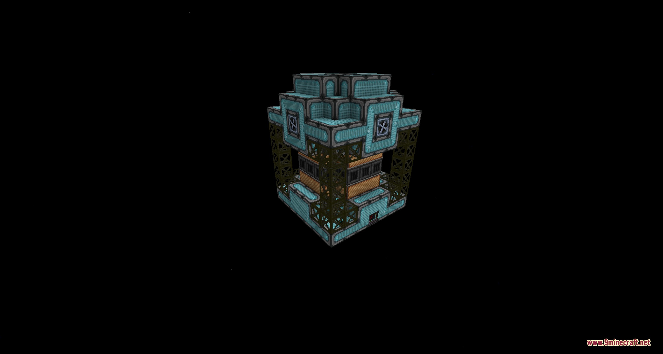 A compact teal multiblock machine with intricate internal parts and dark supports