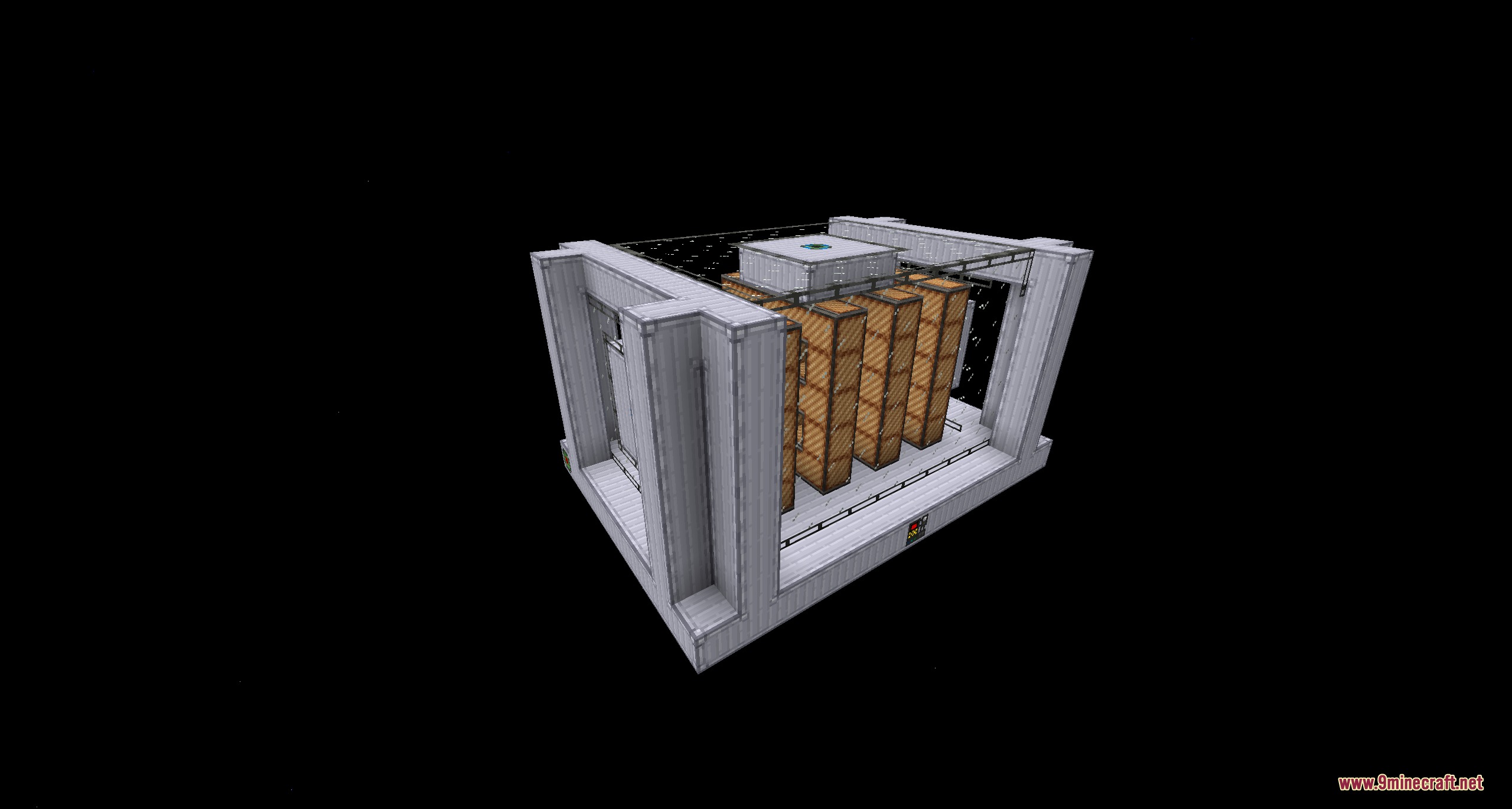 A large white multiblock structure containing rows of wooden crates inside