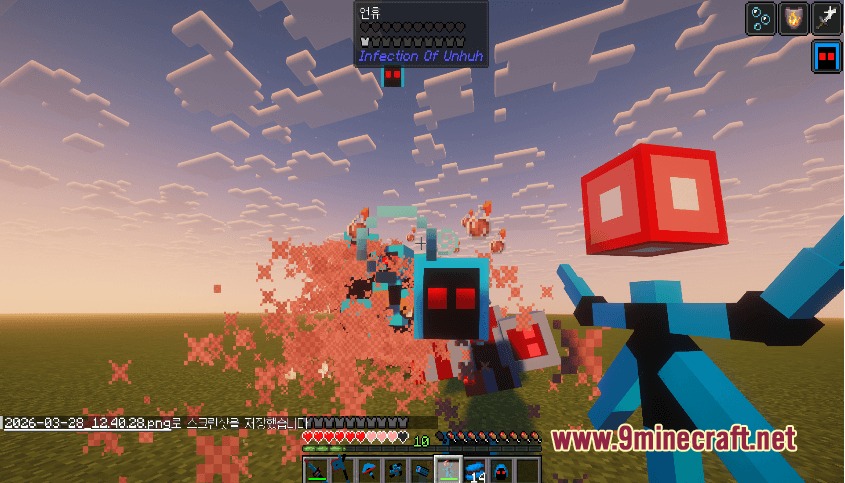 A blue creature attacks amidst red particles in the Infection of Unhuh mod