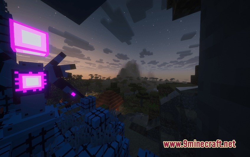 Blue infected blocks and a glowing structure overlook a dark Minecraft landscape