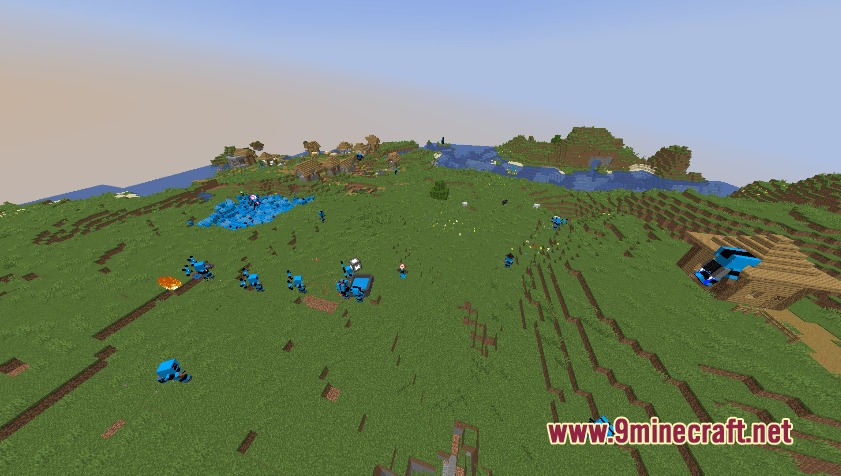 Blue creatures from the Unhuh Infection mod invading a grassy Minecraft landscape