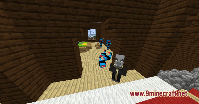 Blue Unhuh monsters attacking an Illager inside a wooden mansion room