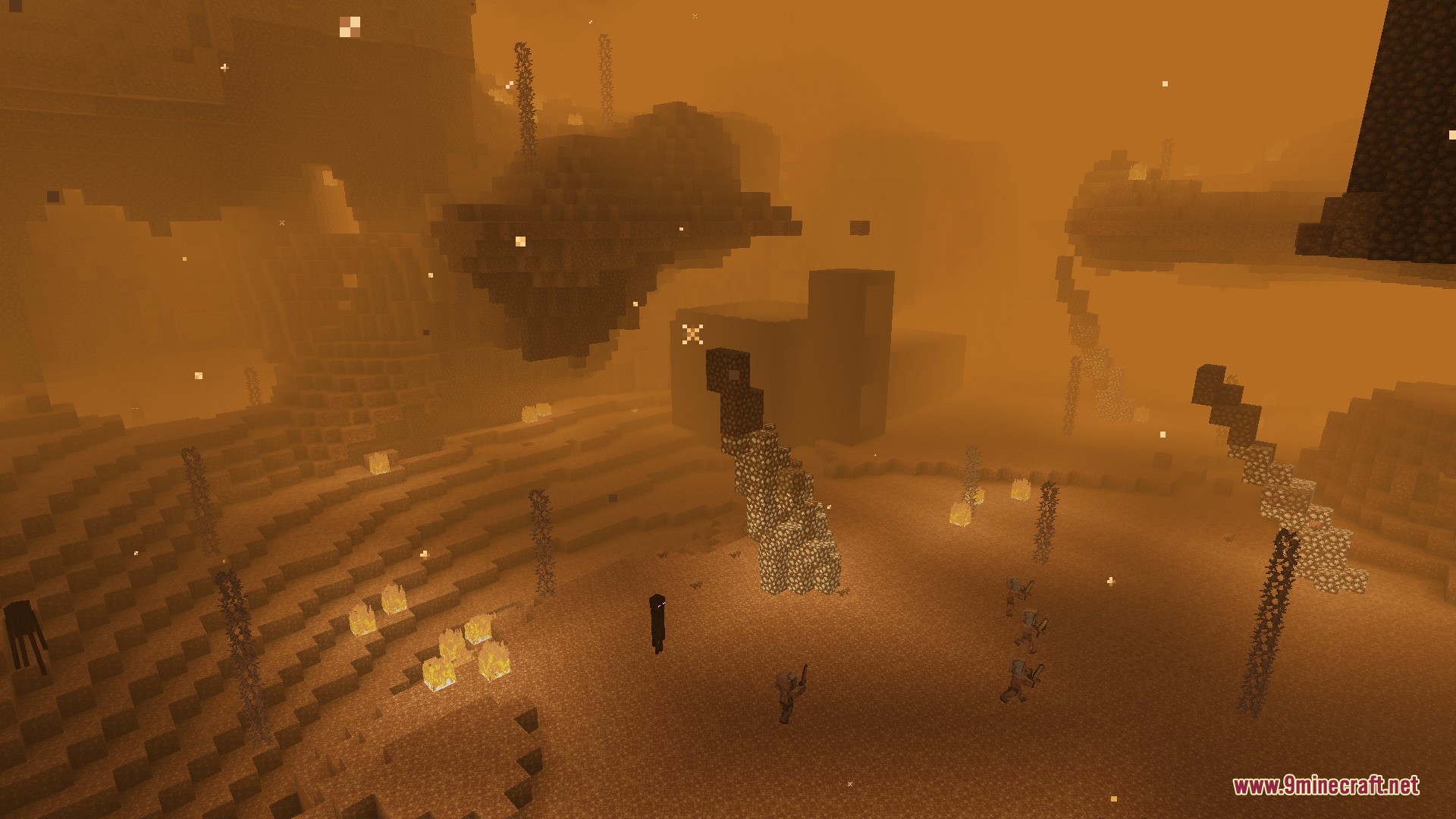 Infernal Expansion Redux Mod Screenshot 2 Endermen roaming across Shimmer Sand in the Glowstone Canyon with floating stone islands