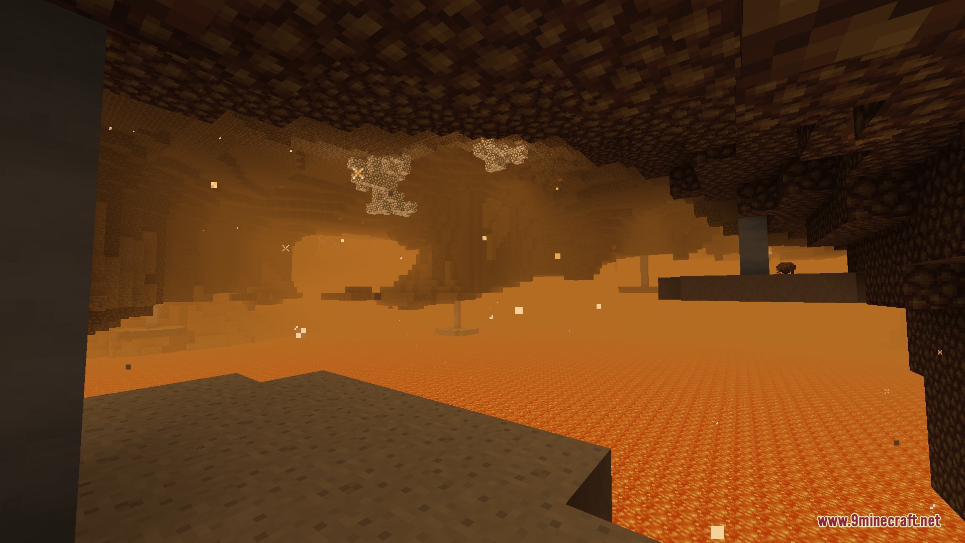 Infernal Expansion Redux Mod Screenshot 4 Lava flows beneath a rocky ceiling with glowing formations in a deep cavern