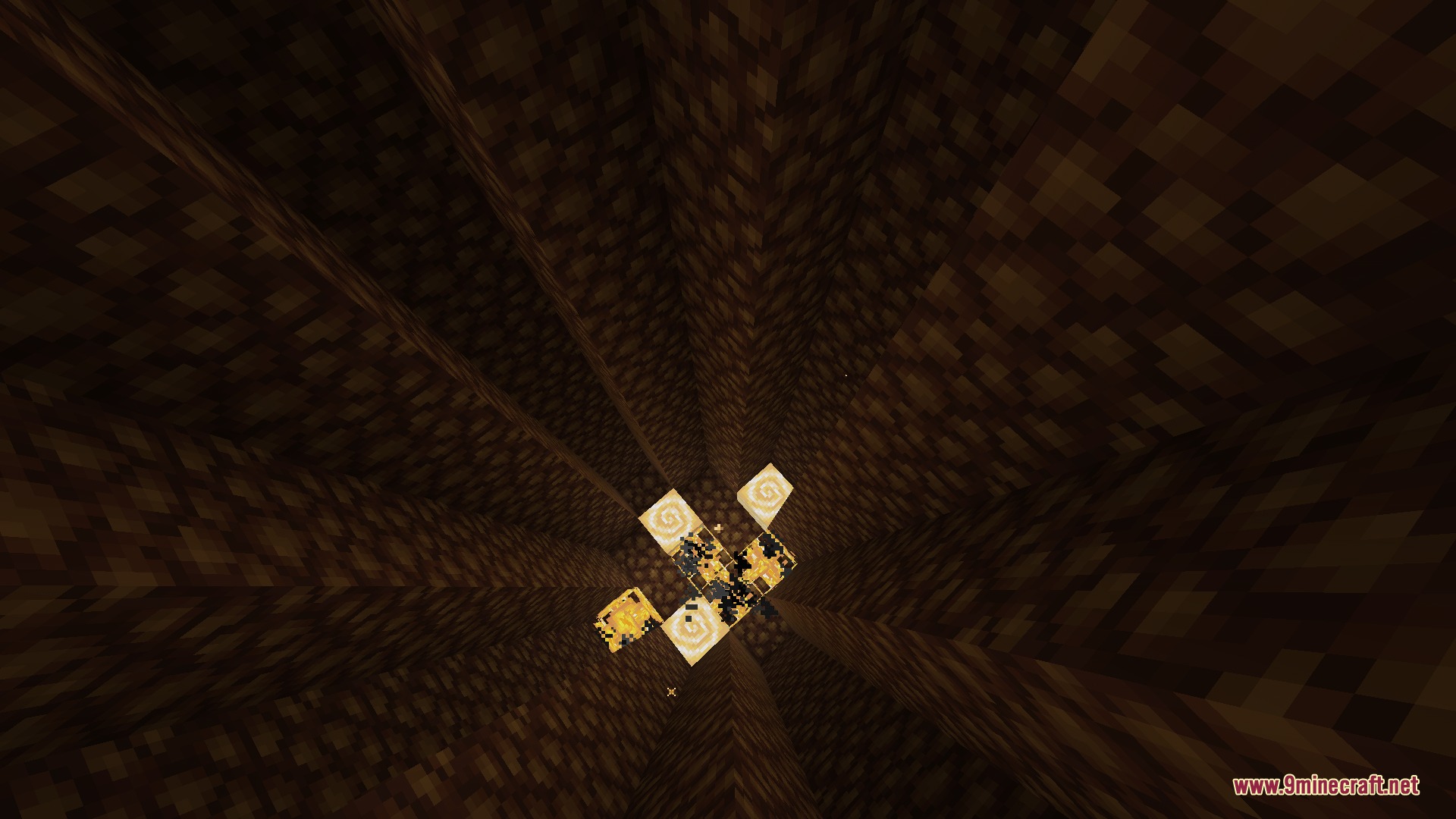 Infernal Expansion Redux Mod Screenshot 6 Looking up through a deep vertical shaft made of glowing stone blocks
