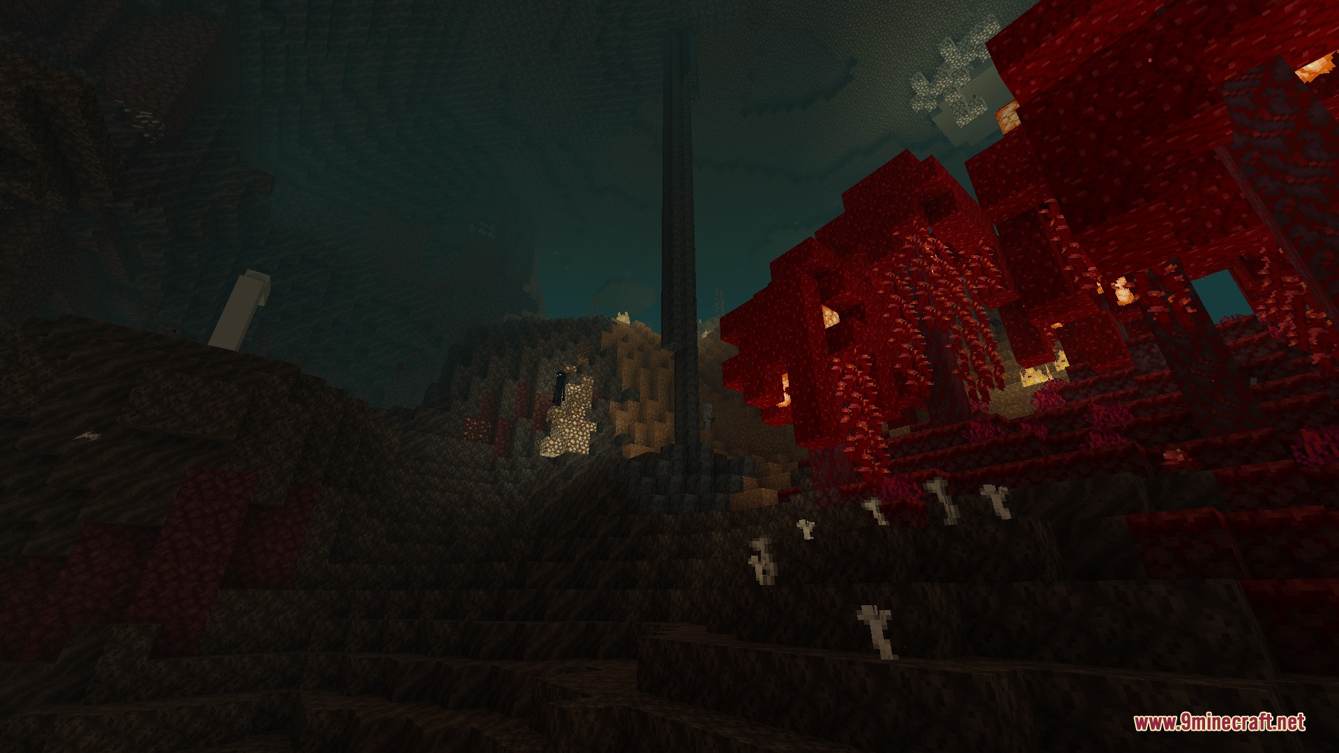Infernal Expansion Redux Mod Screenshot 7 A dark Nether landscape featuring red trees and glowing yellow stone formations