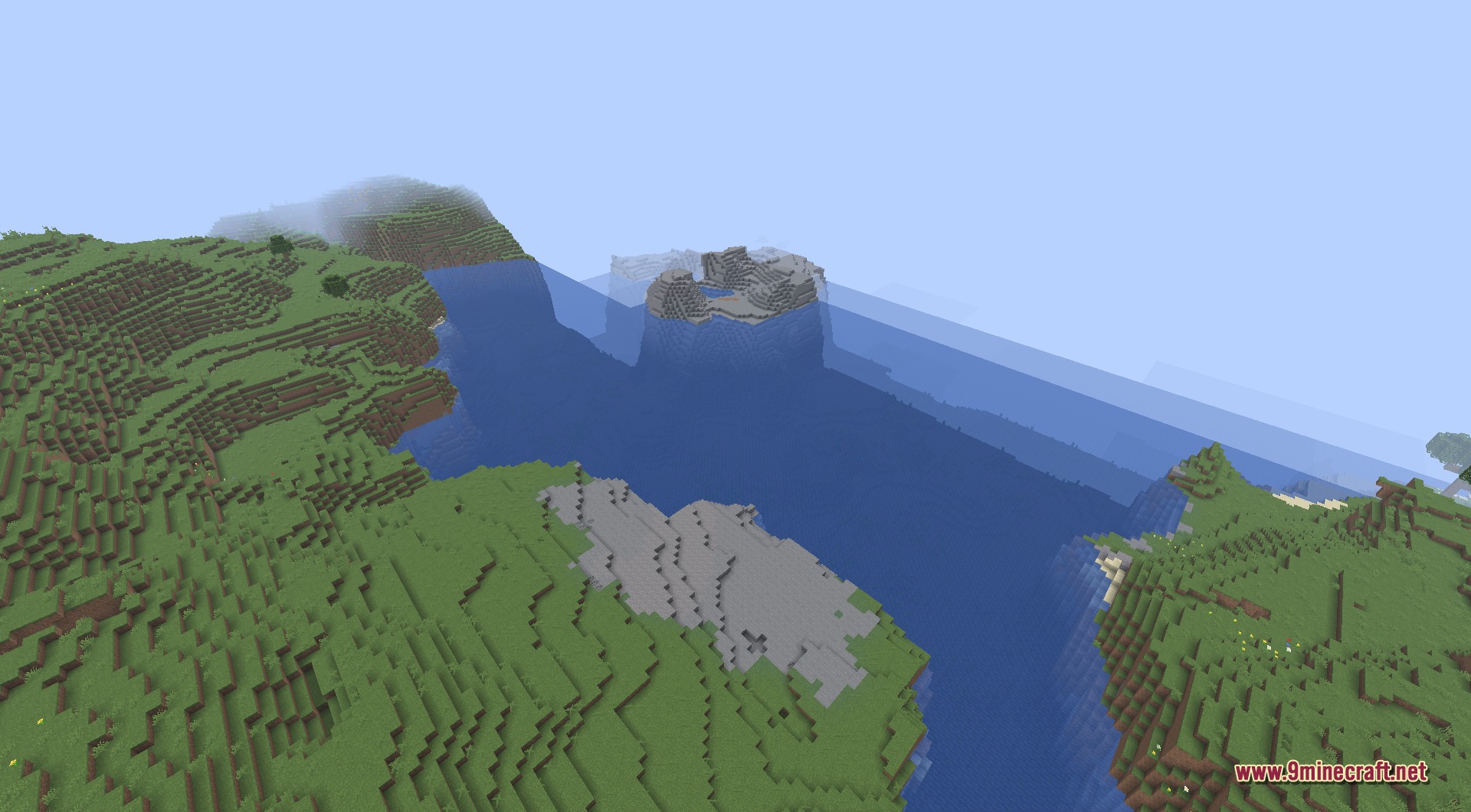 Infinite Music 9minecraft Mod Screenshot 2 An aerial view of a vast ocean with several islands in Minecraft