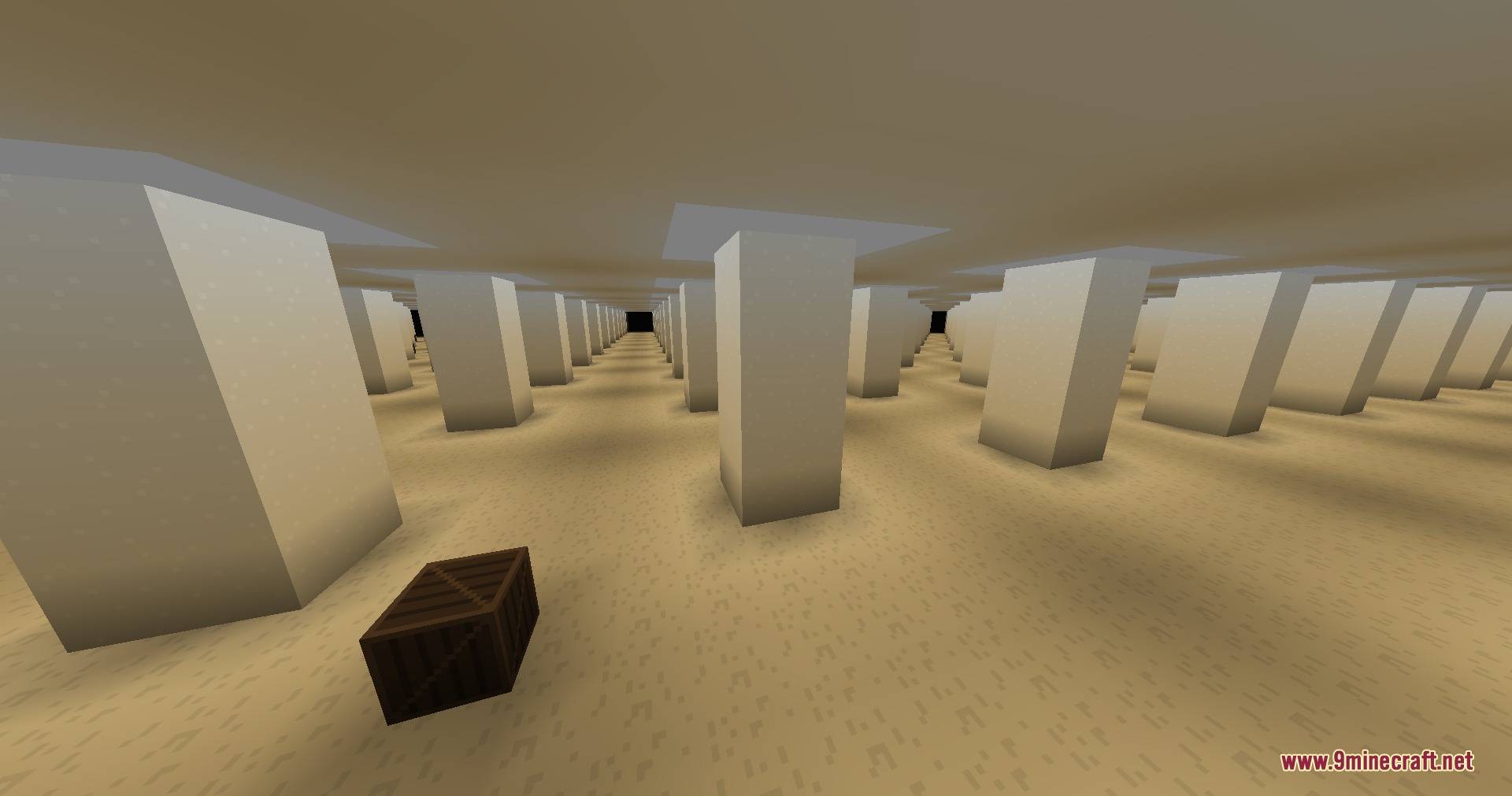 Infinite Yellow Descent Mod Screenshot 1 Endless yellow hallways with white pillars and a single wooden crate