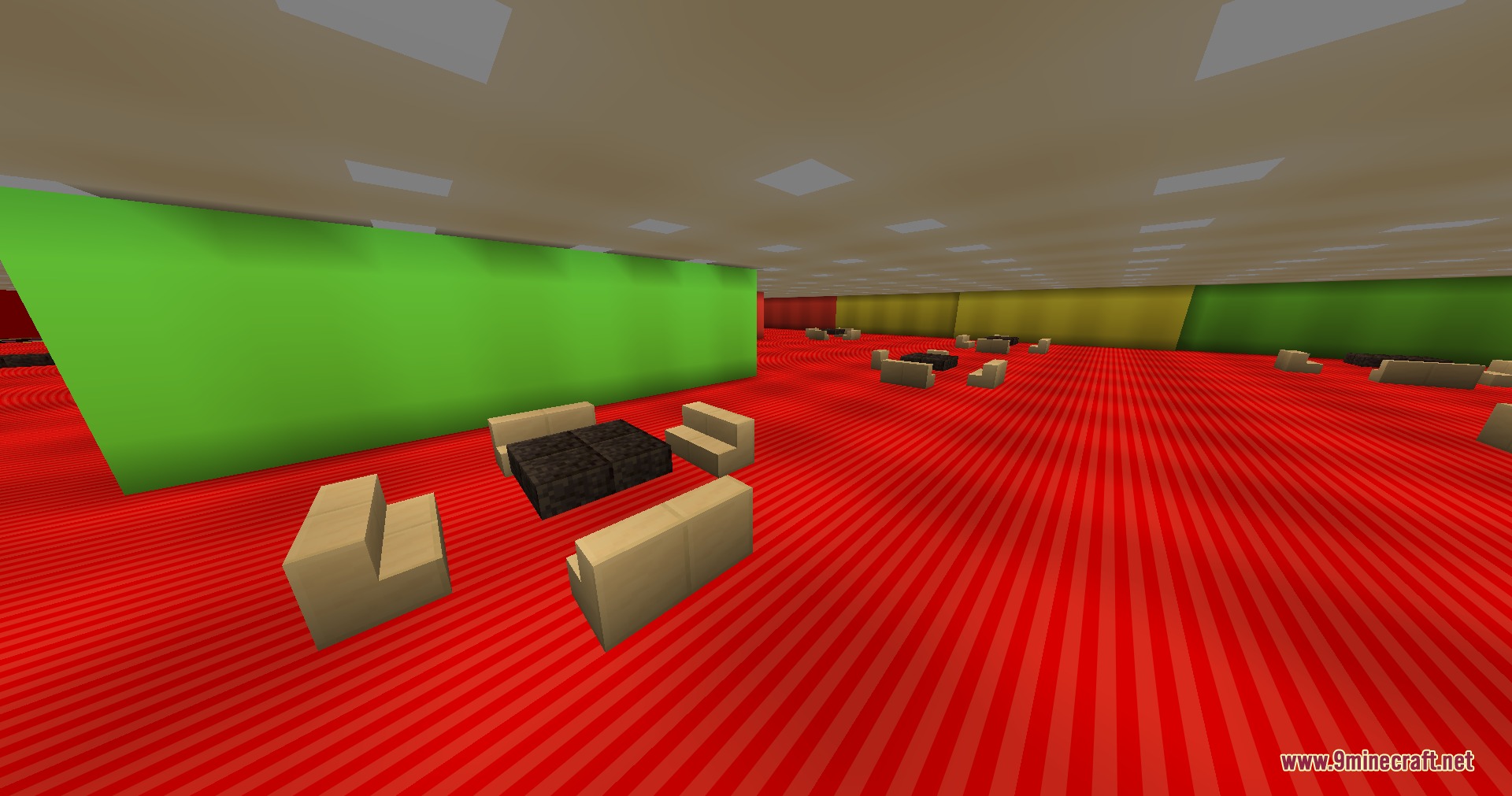 Infinite Yellow Descent Mod Screenshot 3 Large room with red striped carpet and green walls featuring several seating areas