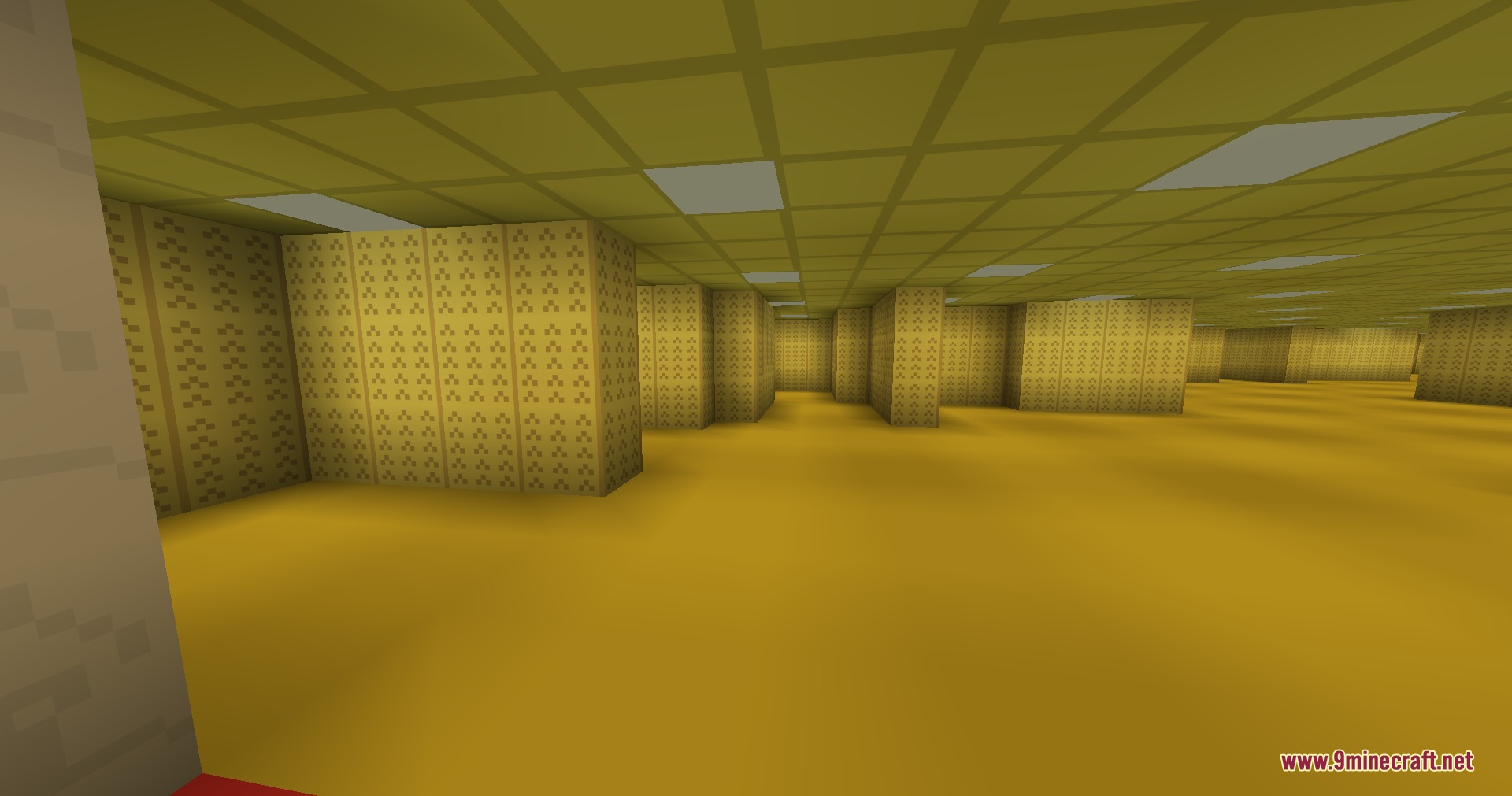 Infinite Yellow Descent Mod Screenshot 4 Endless yellow halls with wallpapered walls and carpeted floors in a Minecraft world