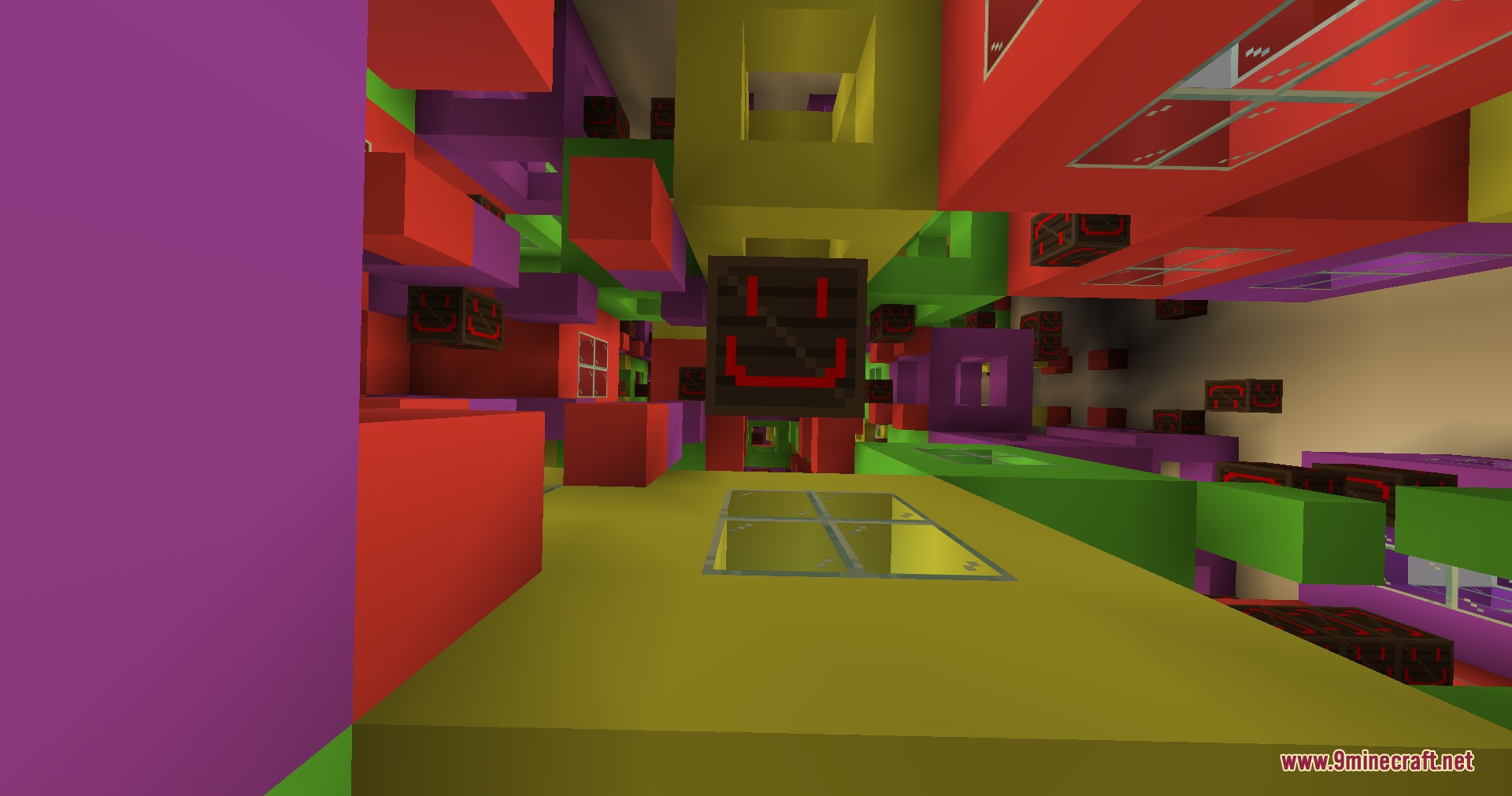 Infinite Yellow Descent Mod Screenshot 5 A surreal room with colorful blocks and a dark block featuring a red smile