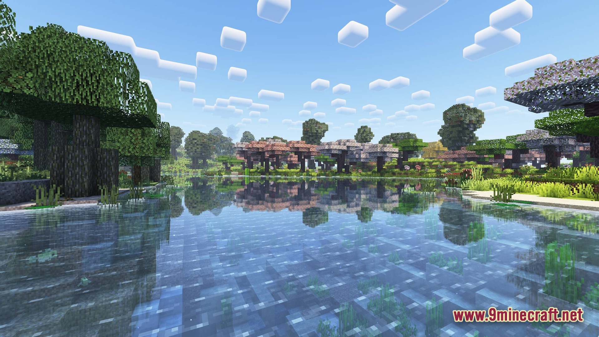 A scenic lake reflects a diverse forest of cherry blossoms and oak trees under a clear sky