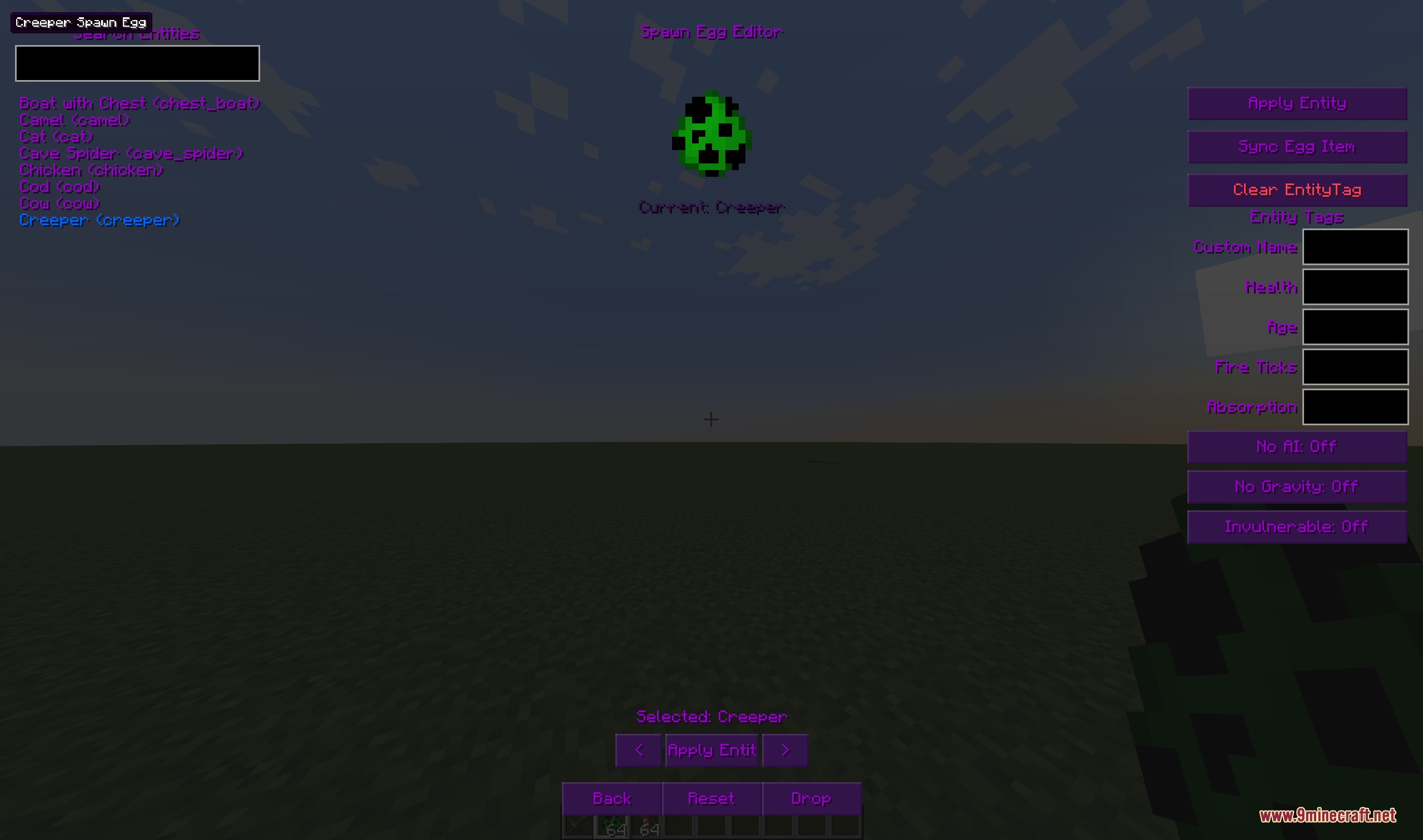 A custom interface for editing creeper spawn egg attributes and tags