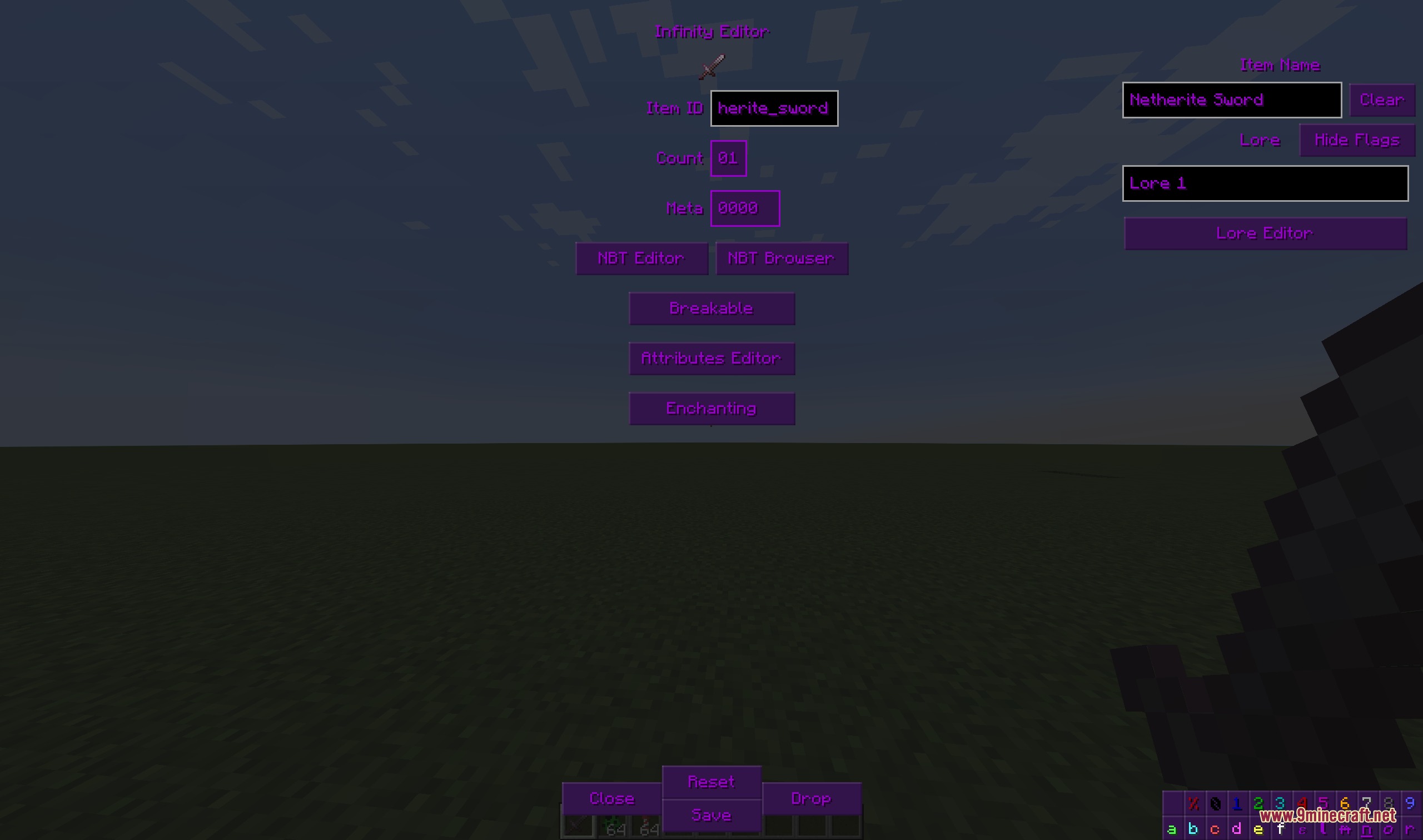 A player uses the Infinity Item Editor to customize a netherite sword