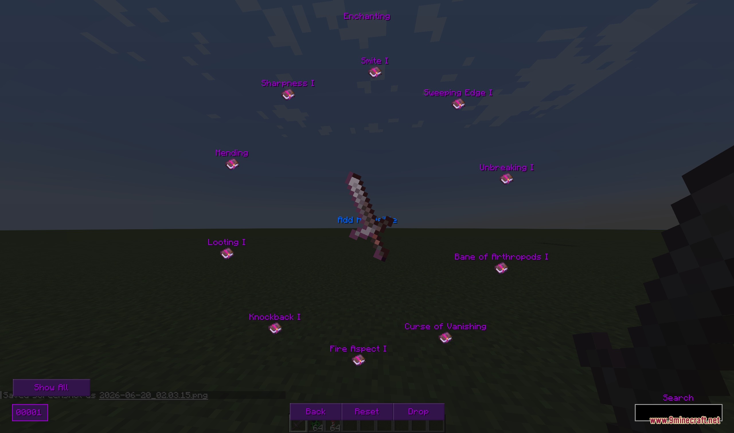 Infinity Item Editor interface showing a sword surrounded by various enchantment books
