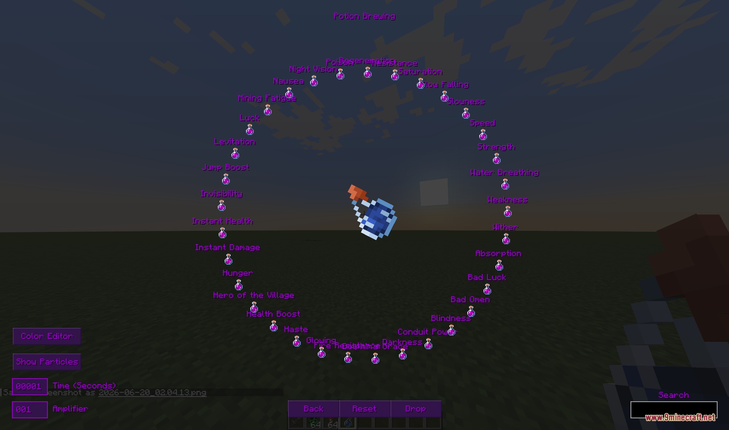 A potion bottle surrounded by status effect icons in a circular menu