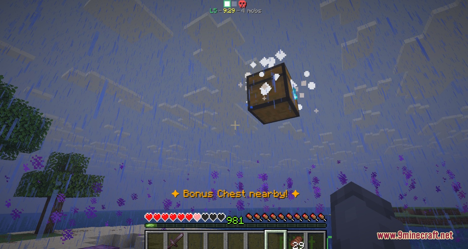 Infused Power Mod Screenshot 3 A floating bonus chest surrounded by white particles during a rainy night