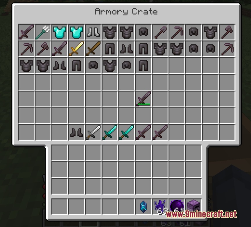 Infused Power Mod Screenshot 5 The Armory Crate interface showing many different types of enchanted combat gear