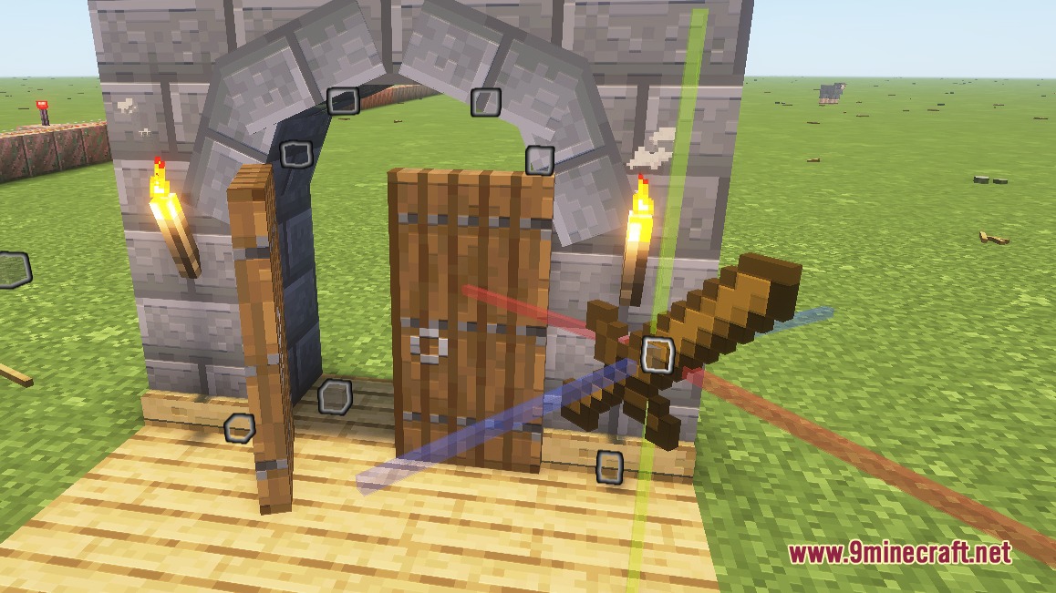 Inherent Statues Mod Screenshot 4 Adjusting a wooden sword display using colored axis lines in Minecraft