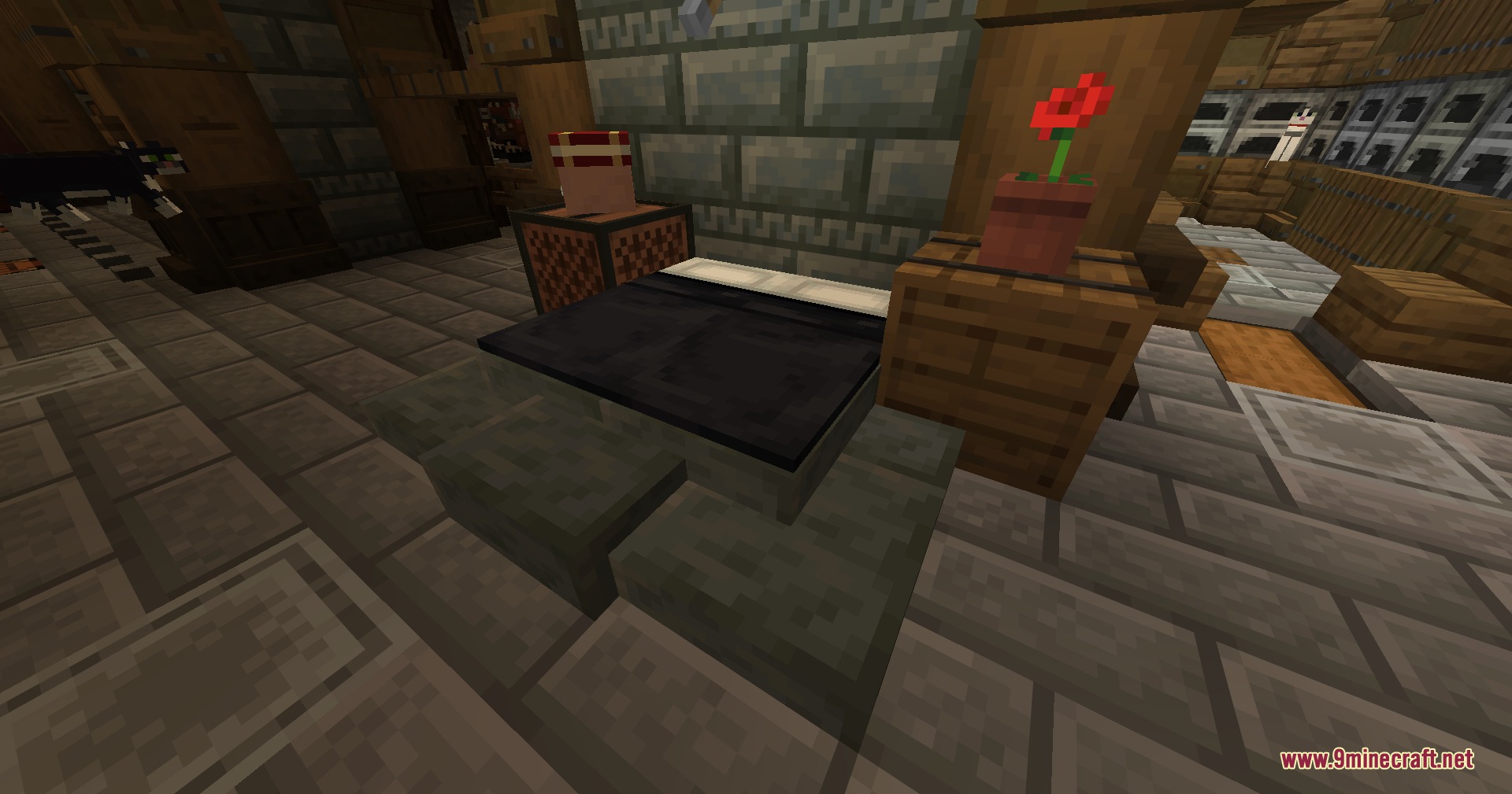 Inherent Statues Mod Screenshot 6 Cozy bedroom interior decorated with custom furniture and a red flower pot
