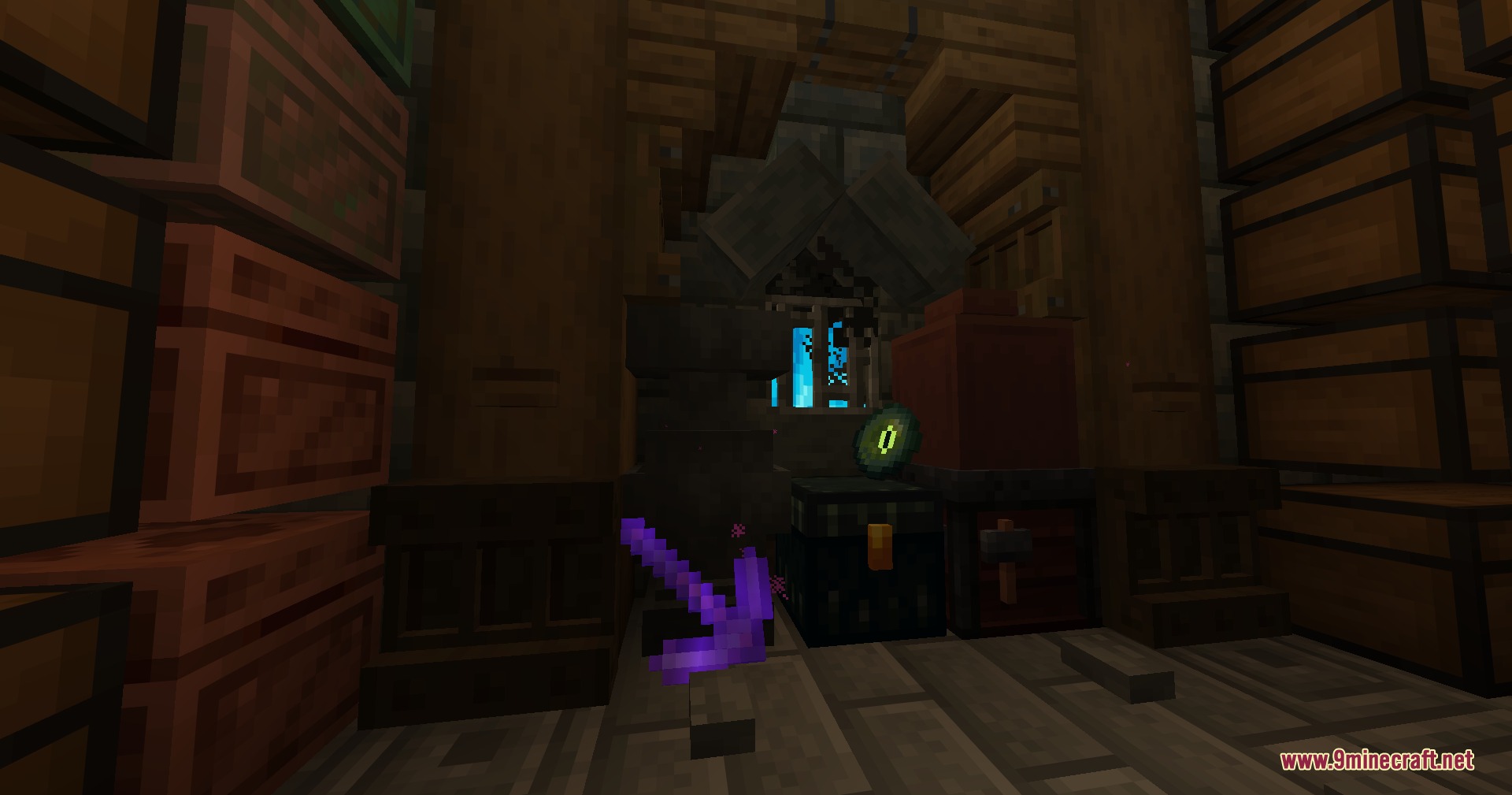 Inherent Statues Mod Screenshot 8 Floating enchanted pickaxe and eye of ender items in a storage room