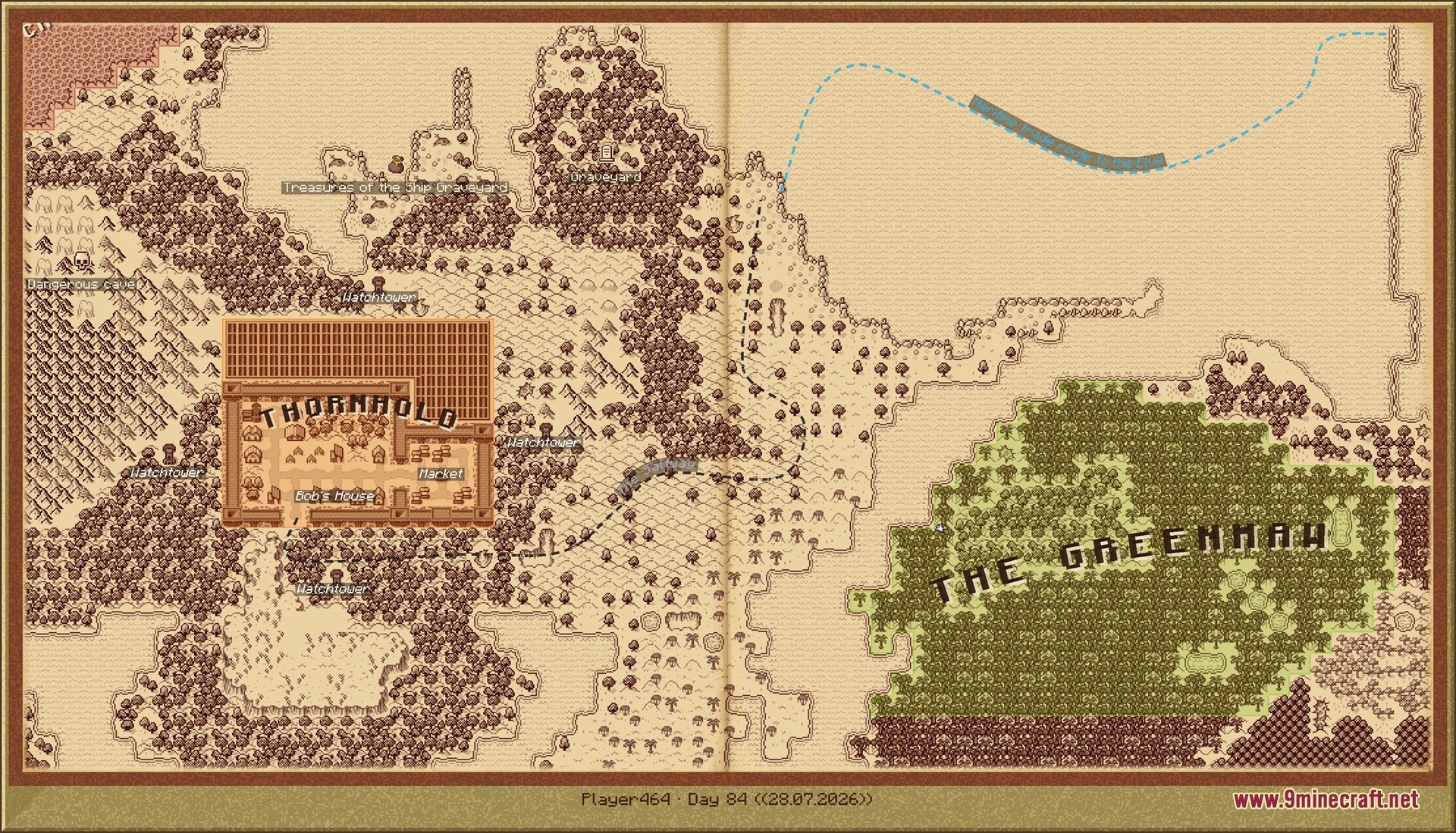 A detailed hand drawn parchment map showing various territories and custom labels