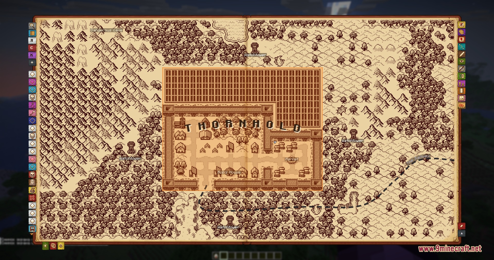 The full screen map editor displays a detailed hand drawn town called Thornhold