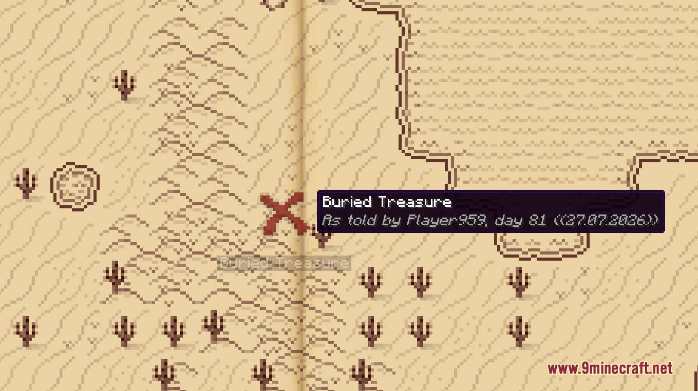 Hand drawn desert map with a red X marking the location of buried treasure