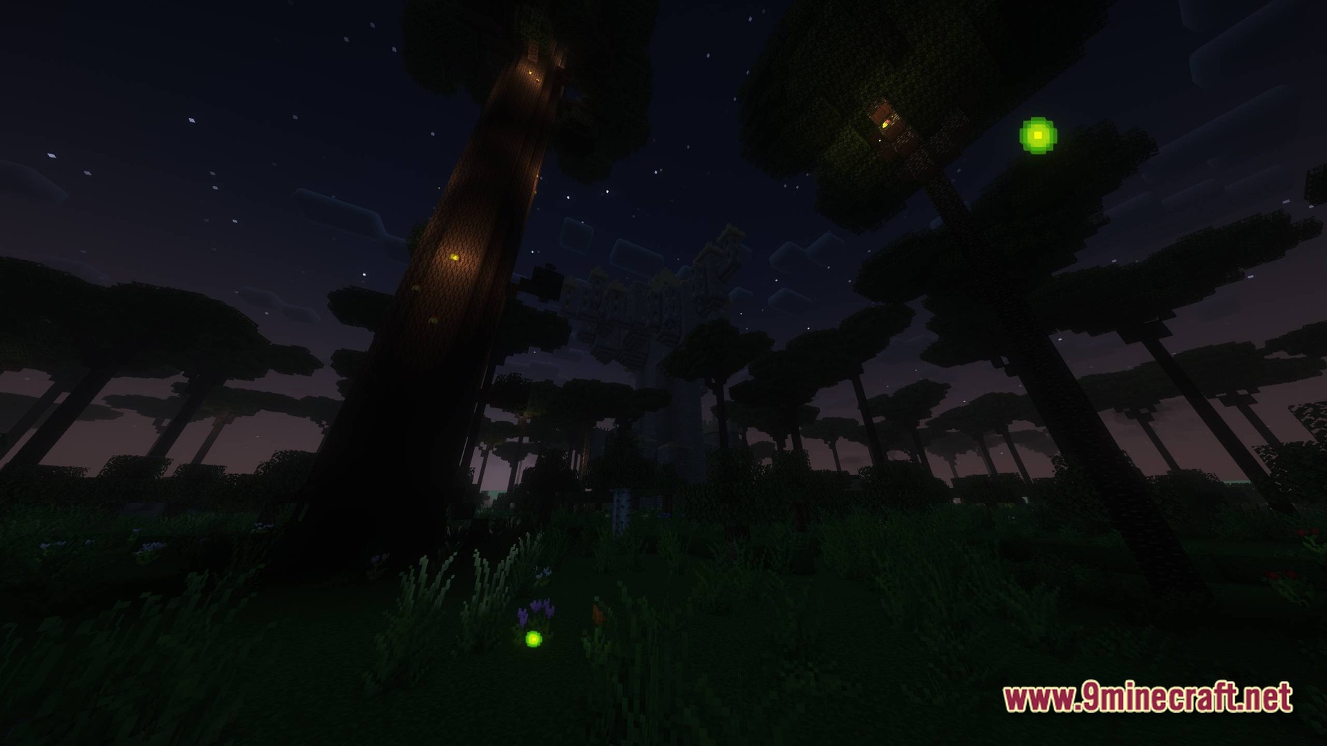 Insomnia Hardcore Origins Bosses Skills Modpack Screenshot 9 A dark forest at night featuring tall trees, glowing fireflies, and a distant stone castle structure
