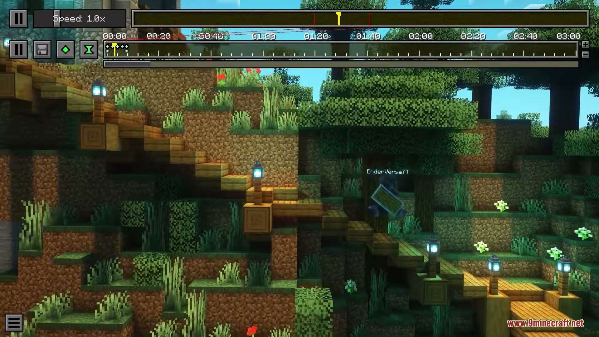Player character walking on wooden stairs with a video editing timeline overlay