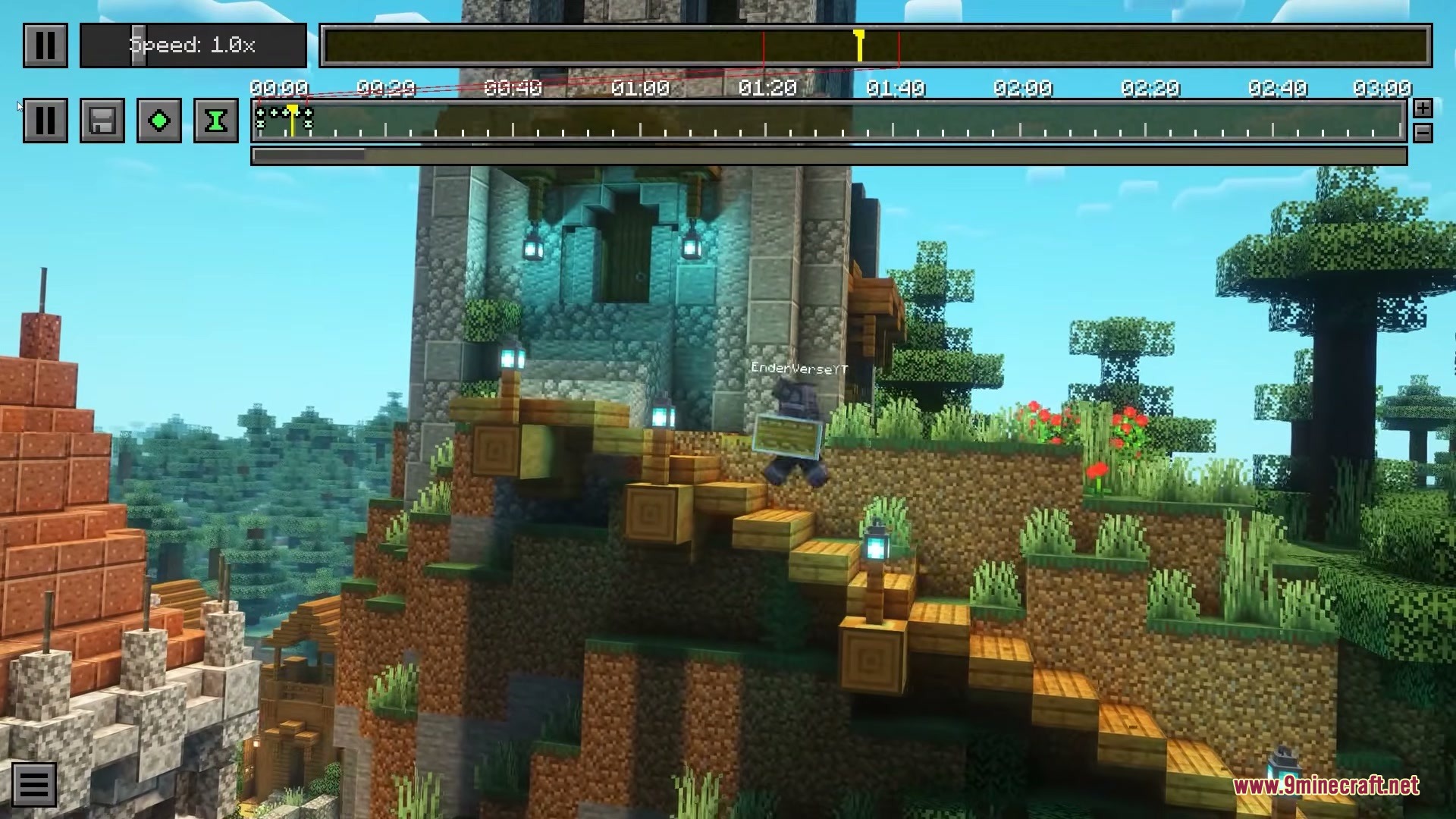 Minecraft player near a stone tower using the Instant Replay Mod interface