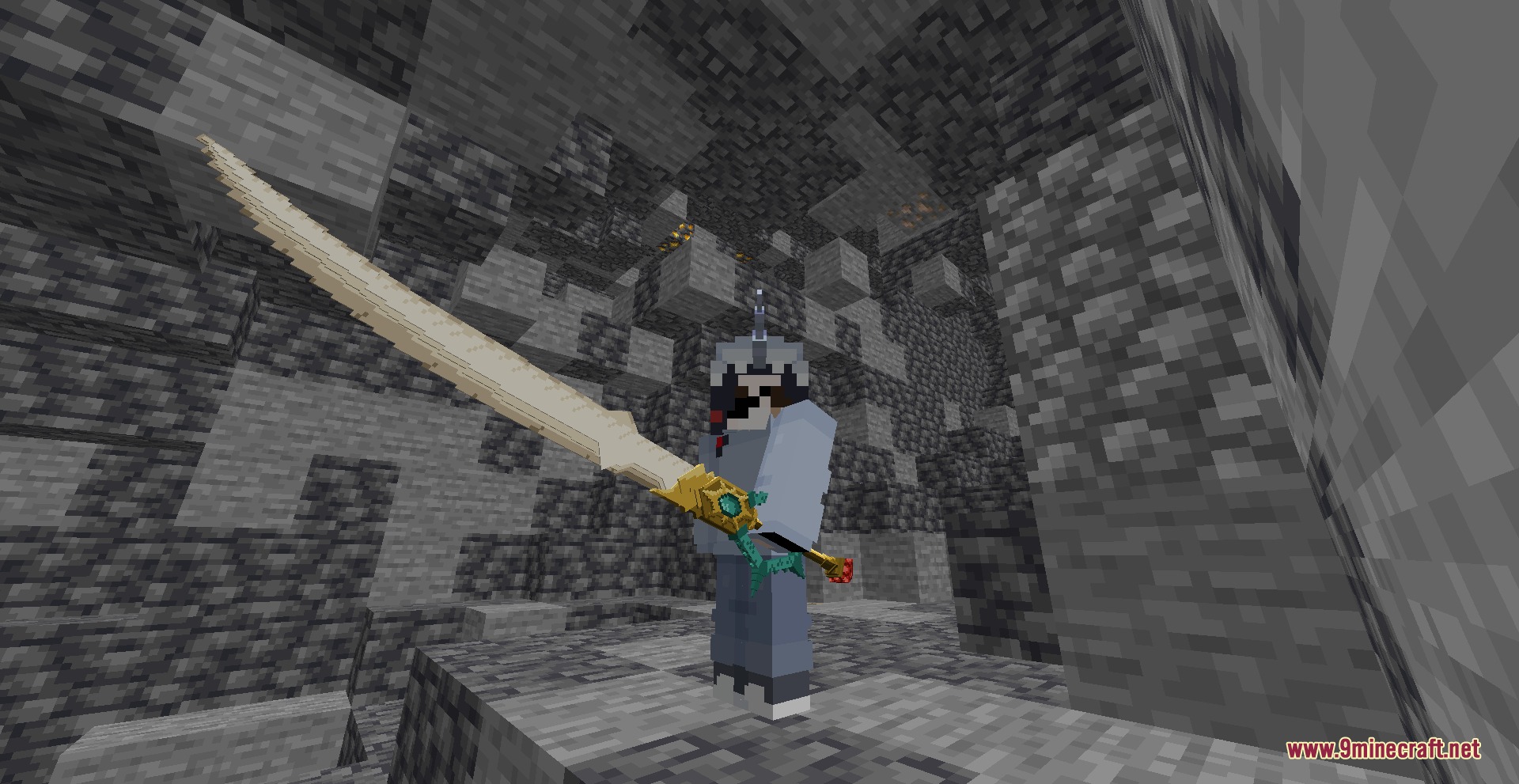Instinct Born Power Mod Screenshot 1 A Minecraft character holds a large ornate sword inside a stone cave