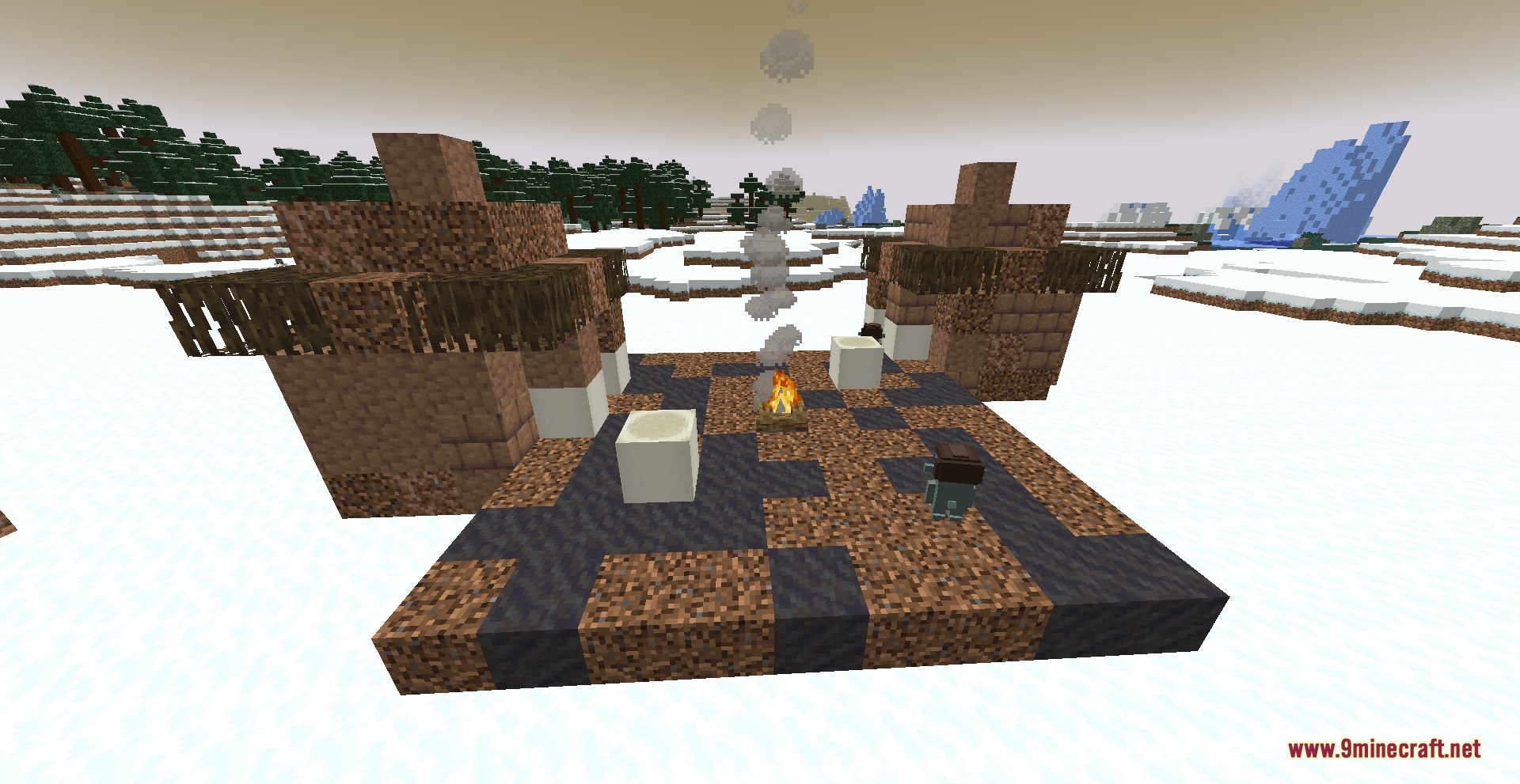 Instinct Born Power Mod Screenshot 6 Primitive huts and a campfire located in a snowy Minecraft landscape