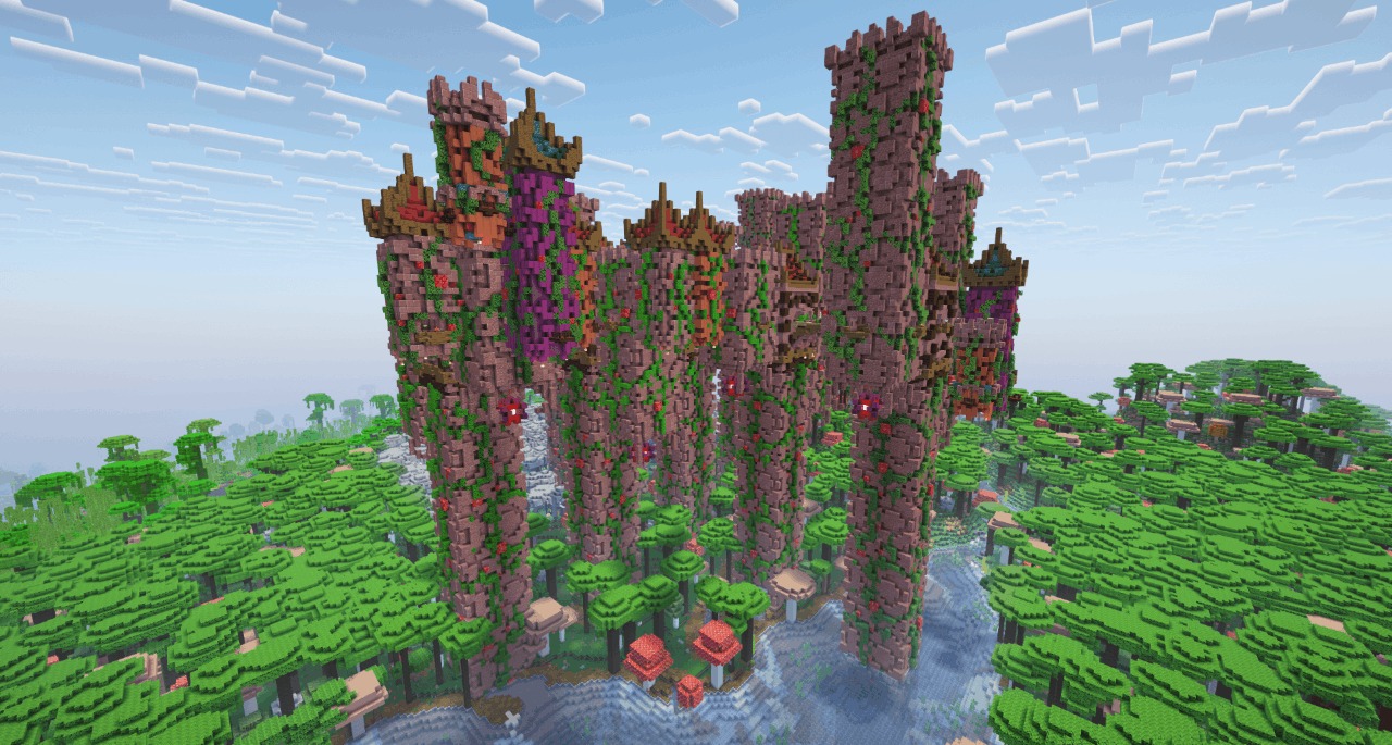 Integrated Dungeons Arise Data Pack Screenshot 1 A tall pink fortress with many towers covered in green vines