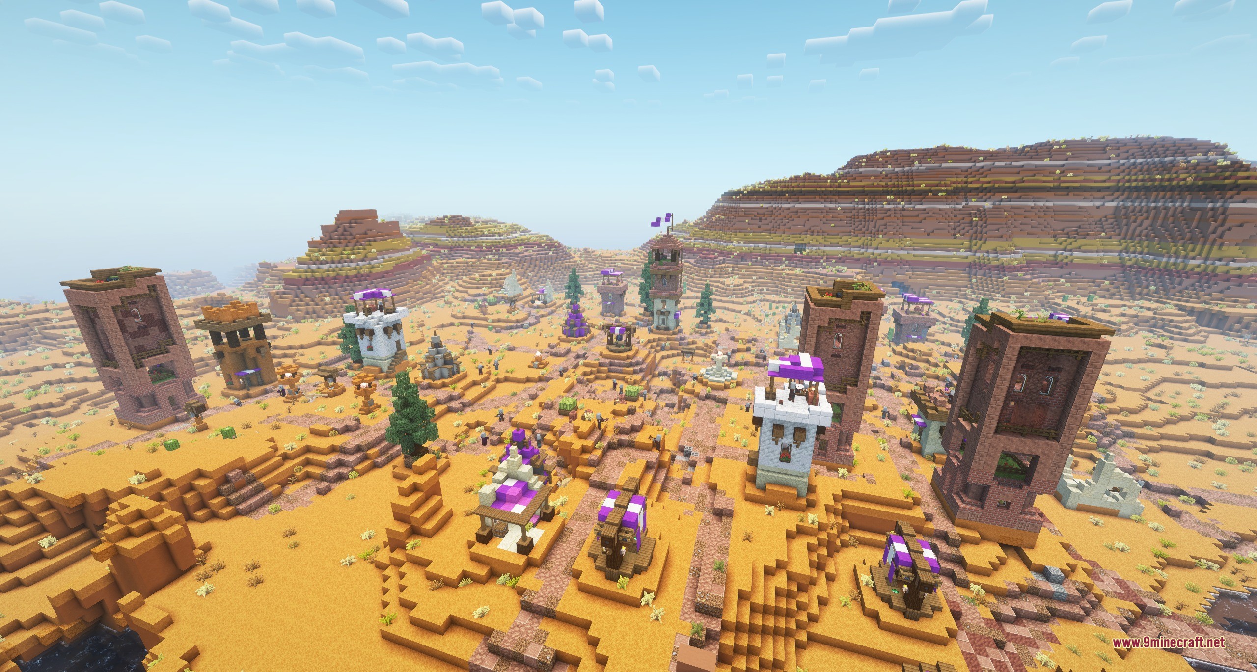 Integrated Dungeons Arise Data Pack Screenshot 10 A desert village with several towers and purple roofs in the badlands