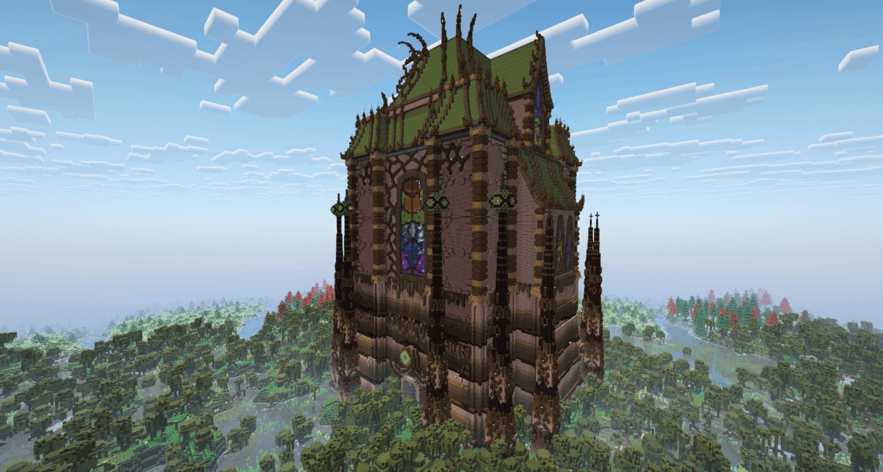 Integrated Dungeons Arise Data Pack Screenshot 2 A massive dark building with a green roof and stained glass windows