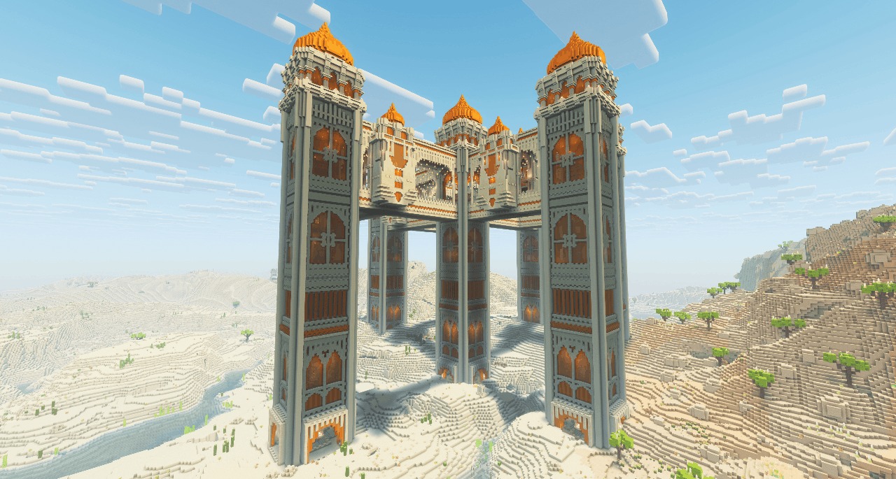 Integrated Dungeons Arise Data Pack Screenshot 3 Integrated Dungeons Arise structure with four tall towers and bright orange domes