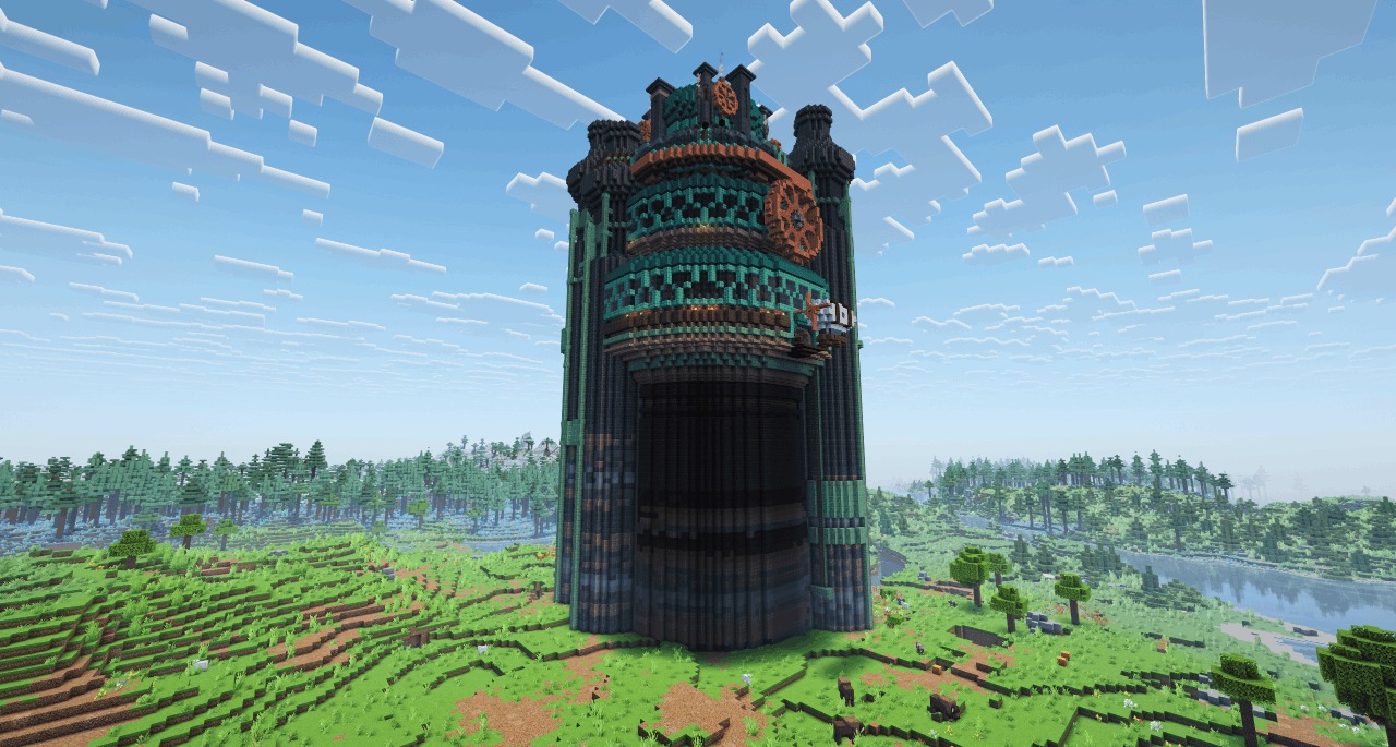 Integrated Dungeons Arise Data Pack Screenshot 4 A tall tower with gears and green blocks in a forest biome