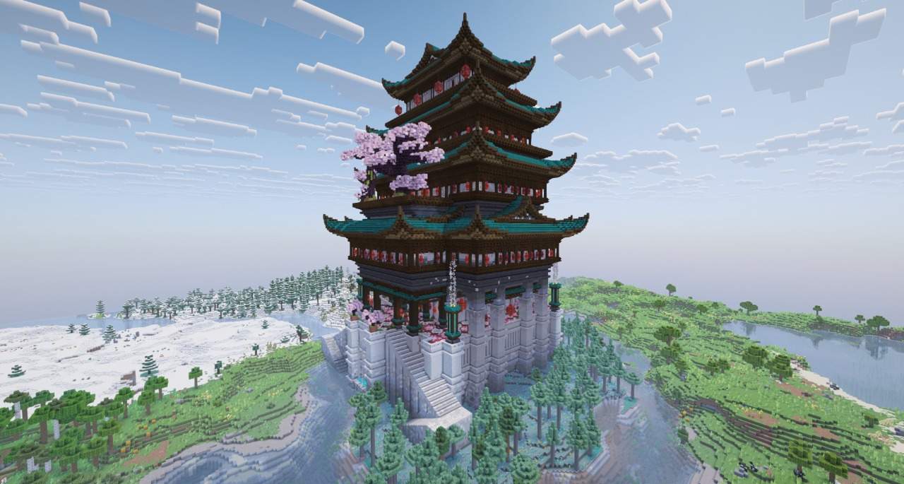 Integrated Dungeons Arise Data Pack Screenshot 5 A massive multi tiered pagoda structure with cherry blossoms on a grassy hill