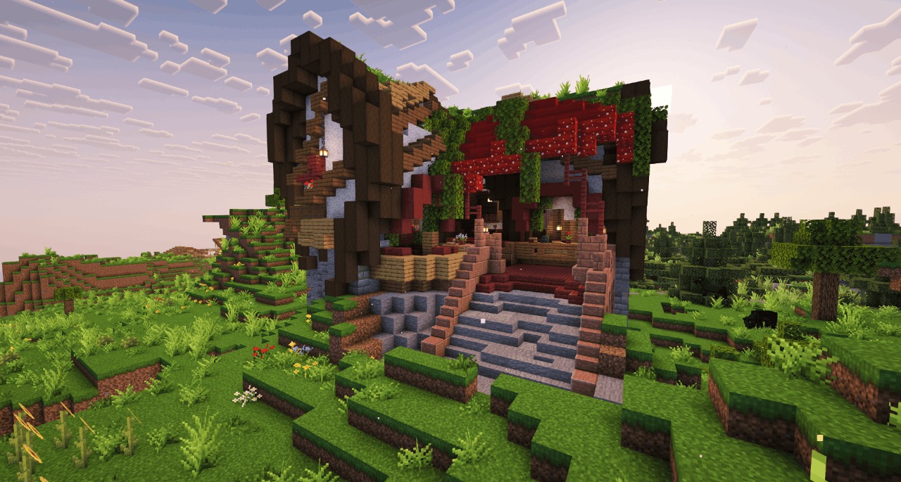 Integrated Dungeons Arise Data Pack Screenshot 6 A rustic cottage with a circular window and red mushroom roof accents