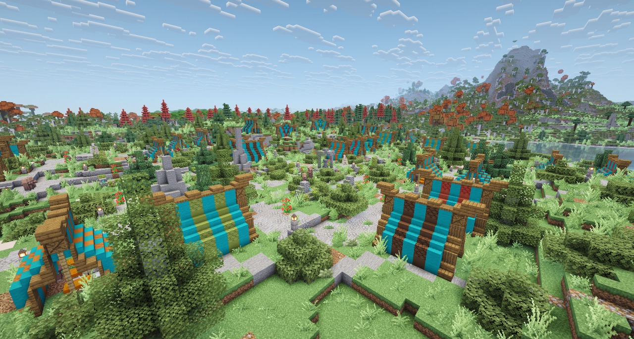 Integrated Dungeons Arise Data Pack Screenshot 7 A massive encampment with striped tents and custom blocks from Integrated Dungeons Arise