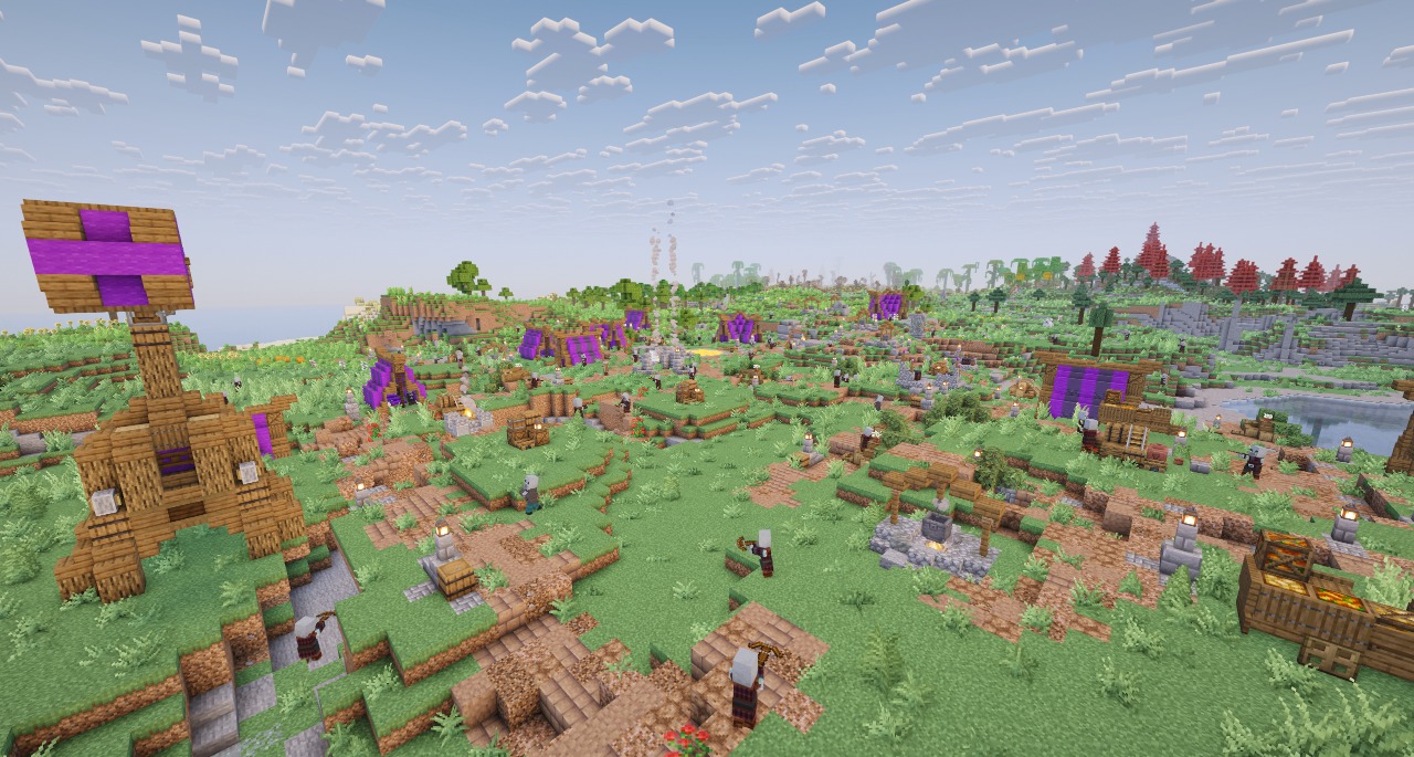 Integrated Dungeons Arise Data Pack Screenshot 8 Pillagers guarding a large outpost with purple tents and a wooden siege engine