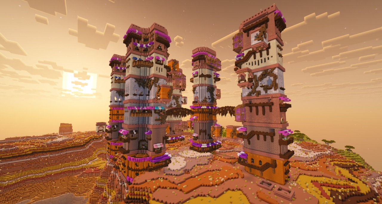 Integrated Dungeons Arise Data Pack Screenshot 9 Tall towers with purple accents standing in a mesa biome during sunset