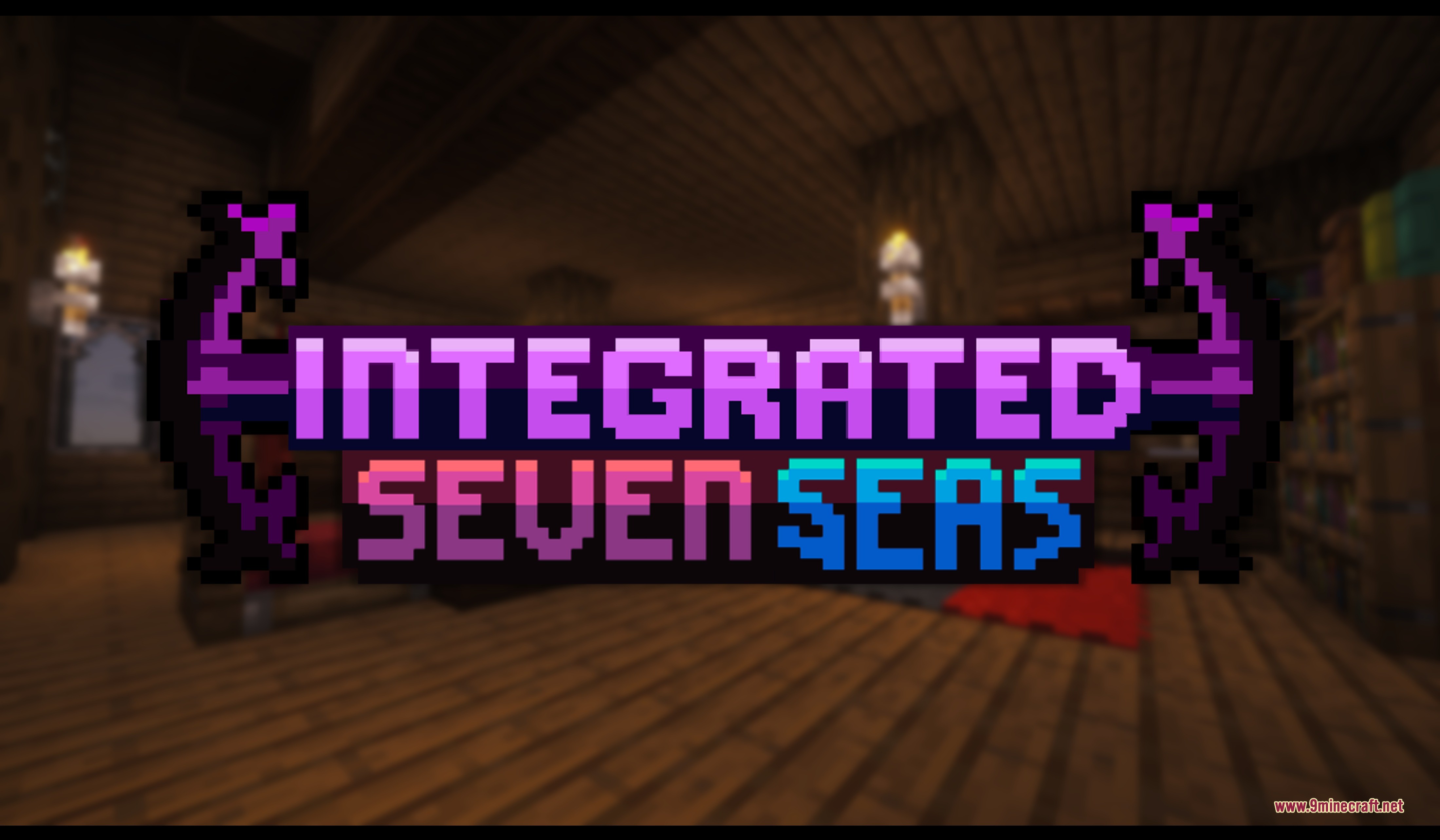 Integrated Seven Seas title logo displayed over a blurred Minecraft interior scene