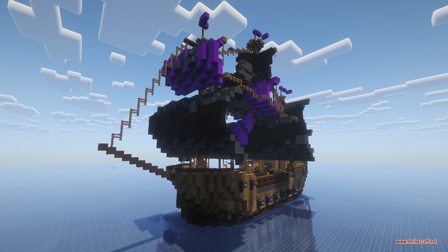 A massive pirate ship with black and purple sails on the open ocean