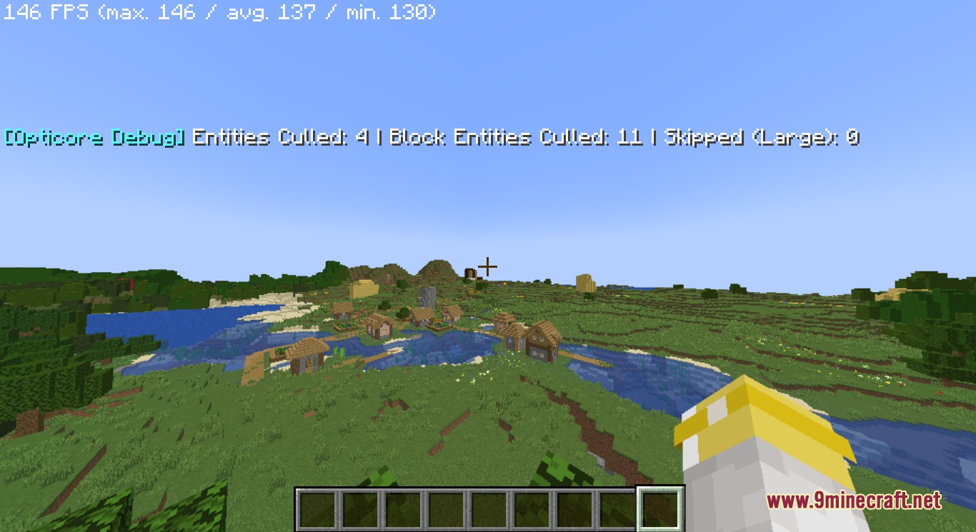 Integrated Shard Logic Mod Screenshot 3 Performance metrics show high frame rates and culled entities near a village
