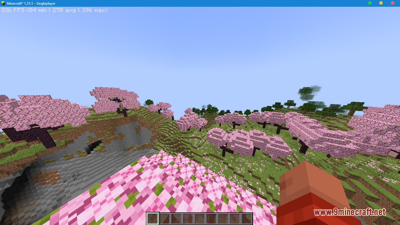 Integrated Shard Logic Mod Screenshot 5 High frame rates displayed while exploring a vibrant pink cherry blossom forest biome